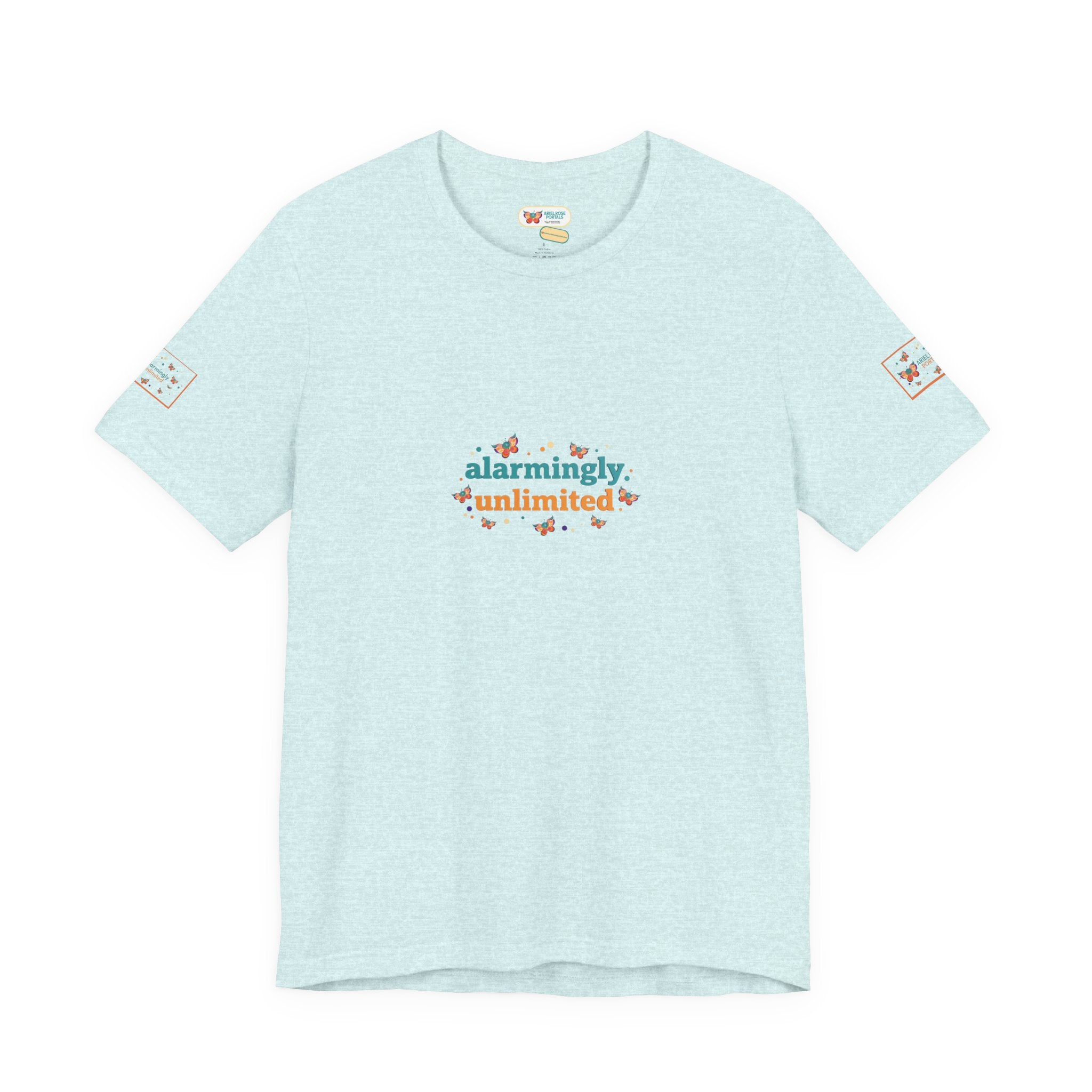 T-shirt Alarmingy Unlimited — Maglietta Grafica con Farfalla e Bruco Stravaganti