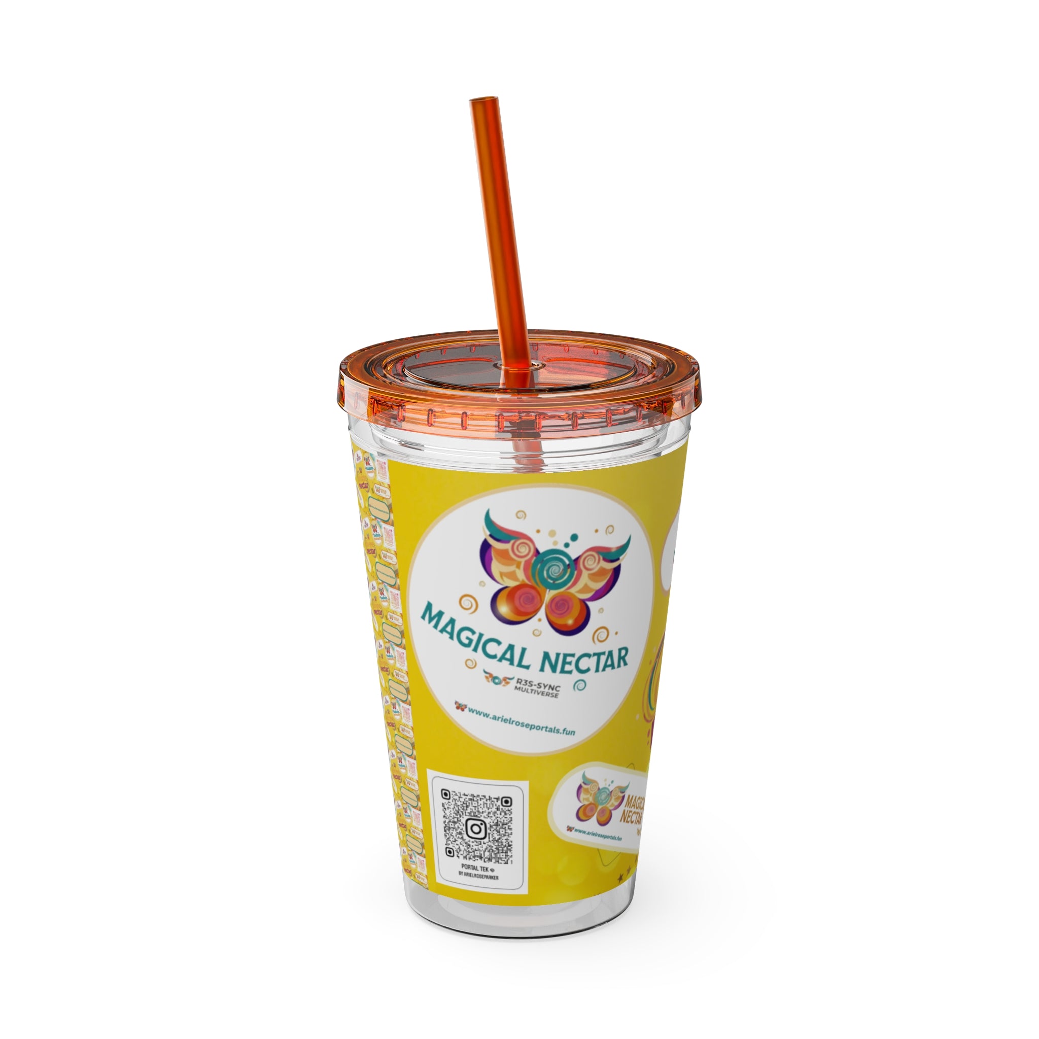 Bicchiere tumbler da 470 ml Sunsplash Ariel Rose Portals con cannuccia — Nettare magico e nettare divino, stoviglie giallo sole