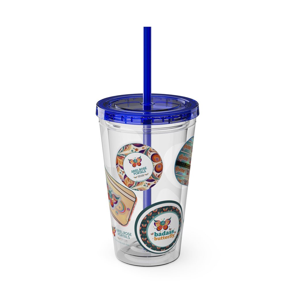 16 oz Sunsplash Tumbler with Straw — Retro Butterfly Sticker Design