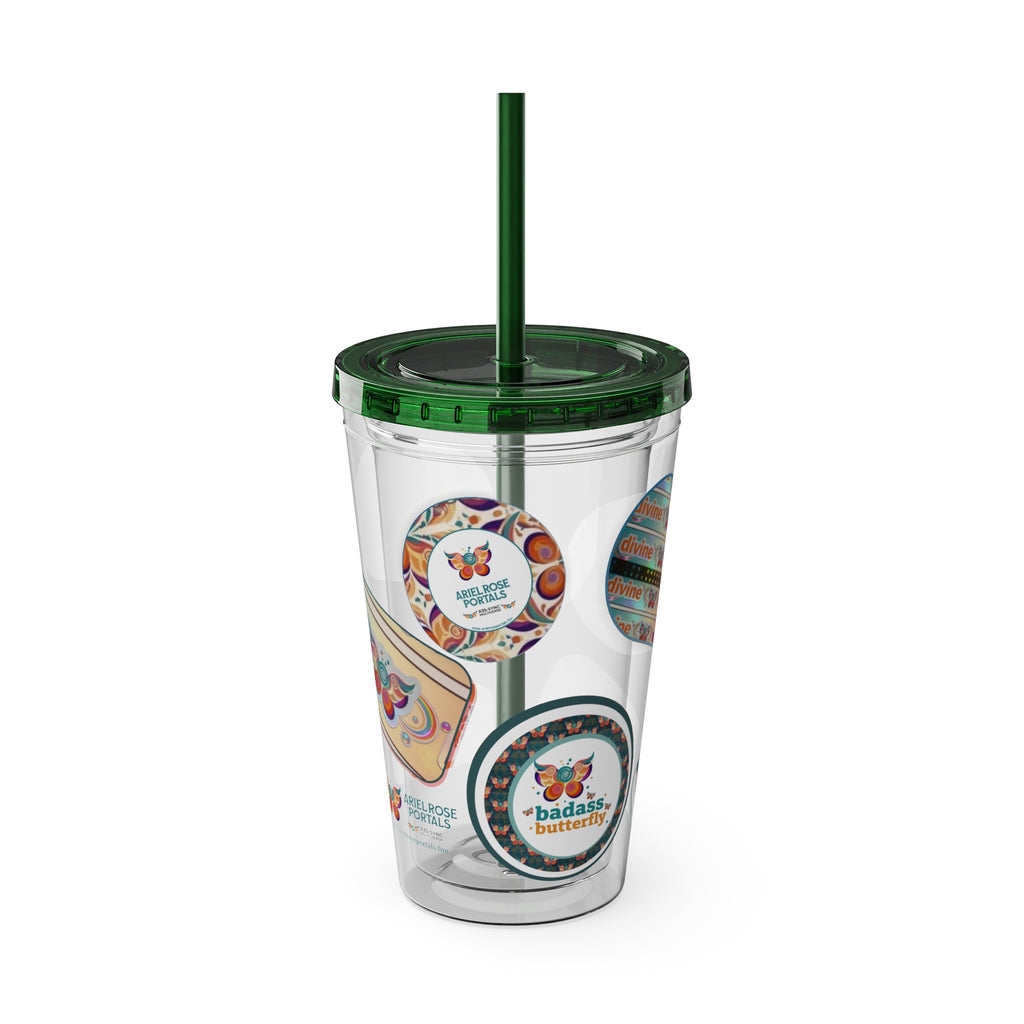 16 oz Sunsplash Tumbler with Straw — Retro Butterfly Sticker Design