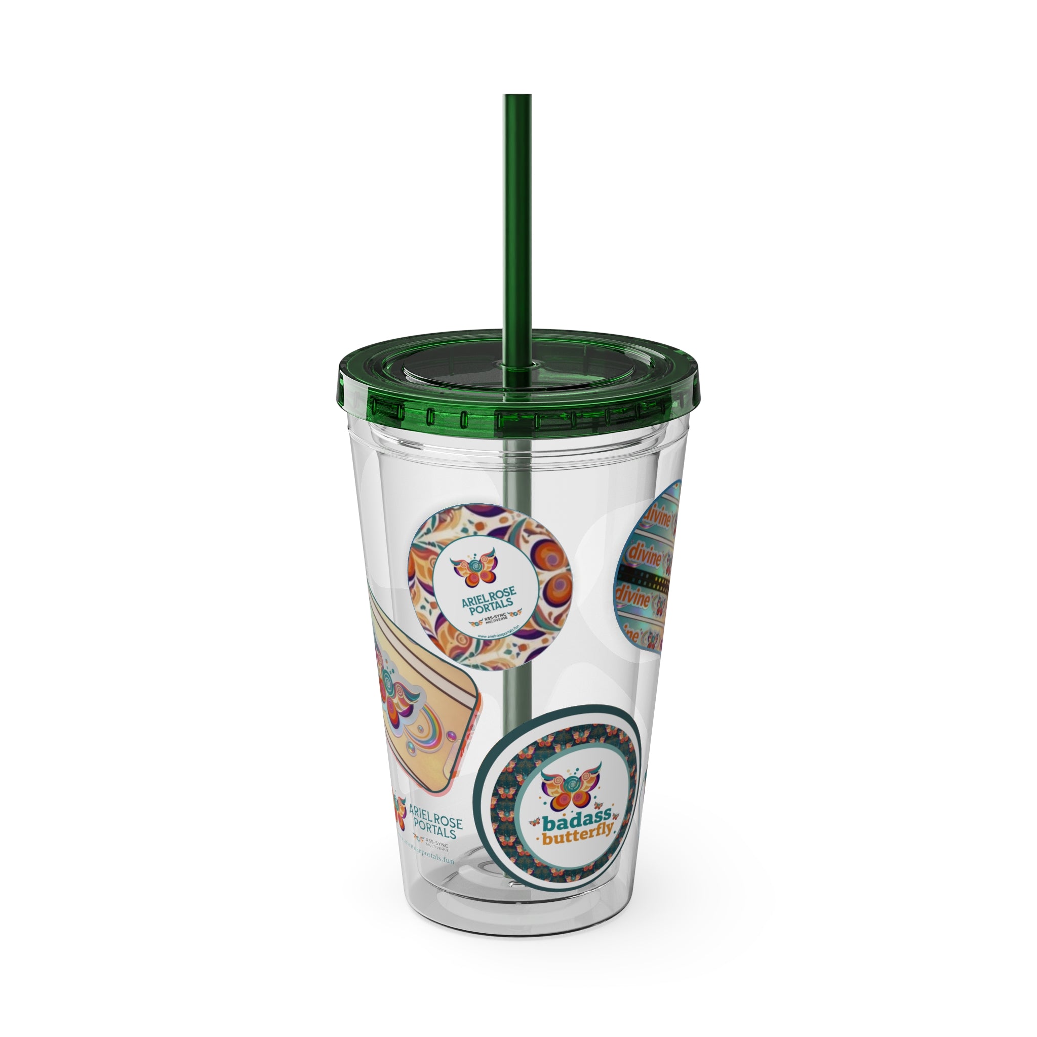 16 oz Sunsplash Tumbler with Straw — Retro Butterfly Sticker Design