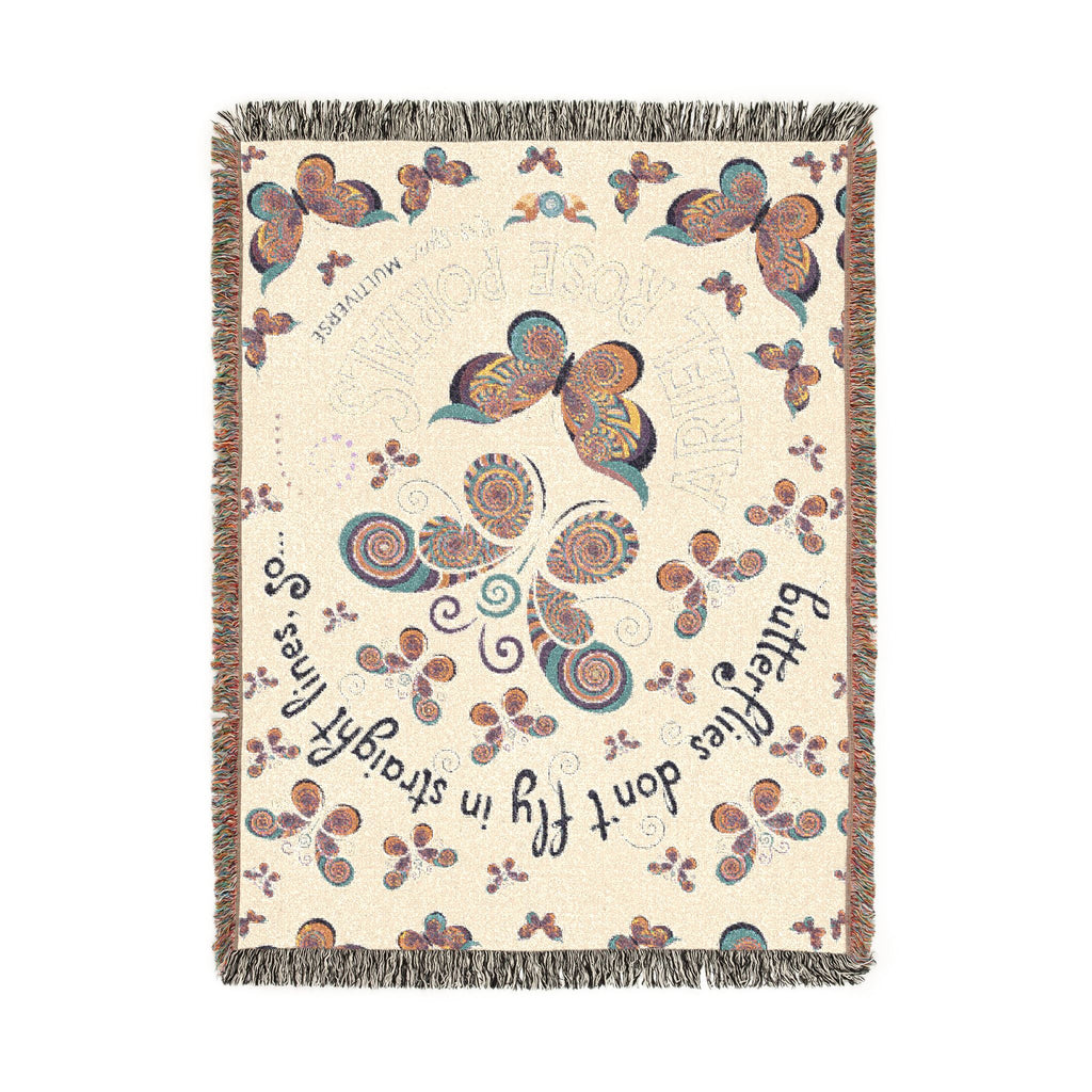 First Class Stardust Op Art Butterfly Woven Blanket — Earthtone Fringe Throw with Inspiring Script