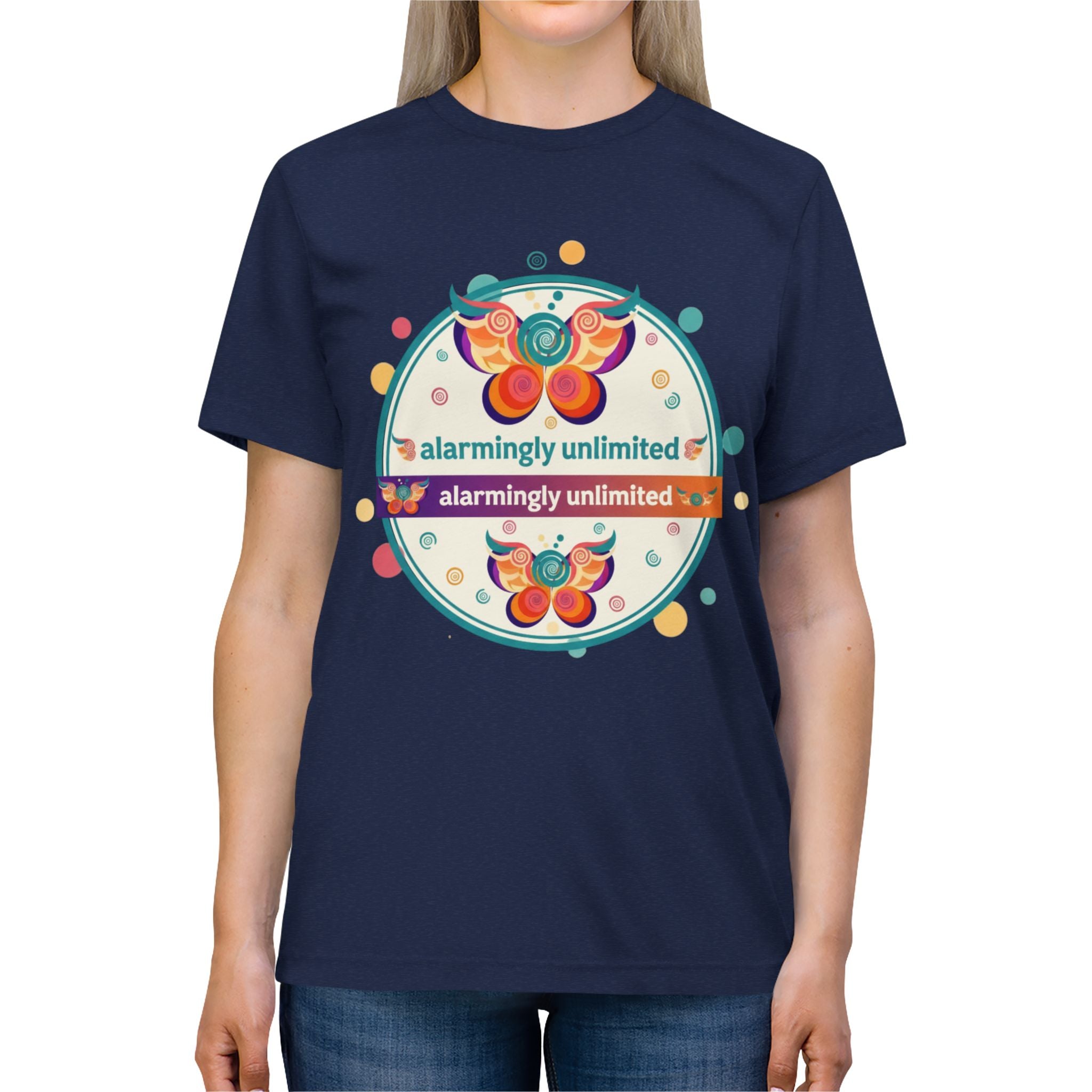 Colorful Butterfly and Caterpillar T-Shirt | whimsical Ariel Rose Parker art, 'Alarmingly Unlimited' text
