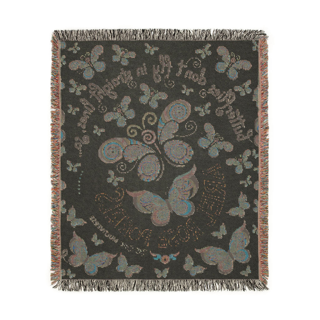 First Class Stardust Op Art Butterfly Woven Blanket — Earthtone Fringe Throw with Inspiring Script