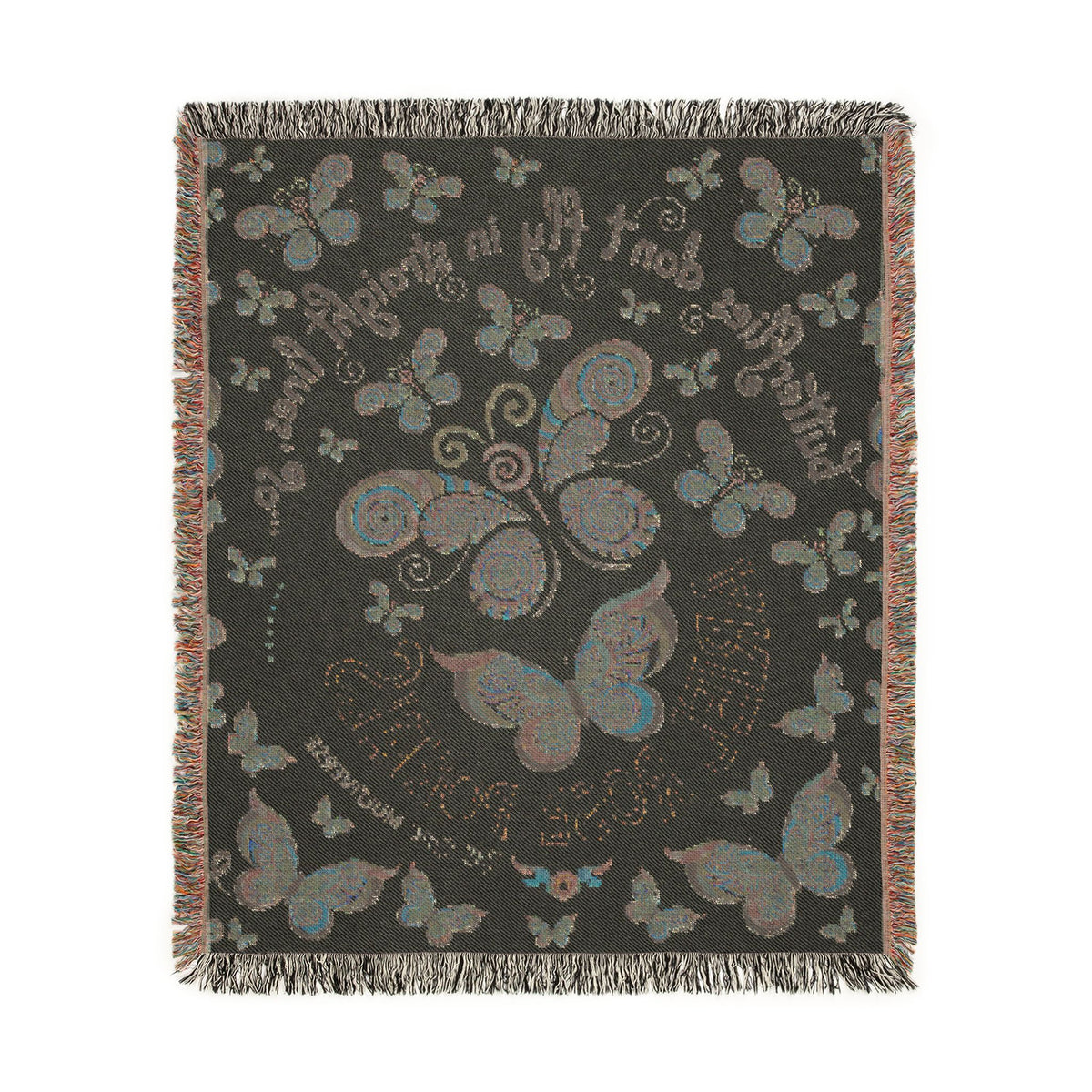 First Class Stardust Op Art Butterfly Woven Blanket — Earthtone Fringe Throw with Inspiring Script