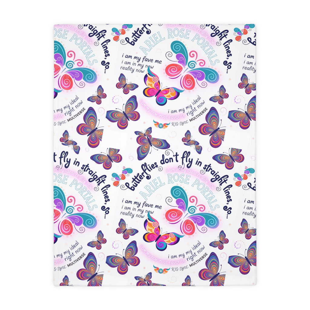 Two-Sided Velveteen R3S-Carpet Flight Path Cloak — Whimsical Butterflies & Bold Pink Collage