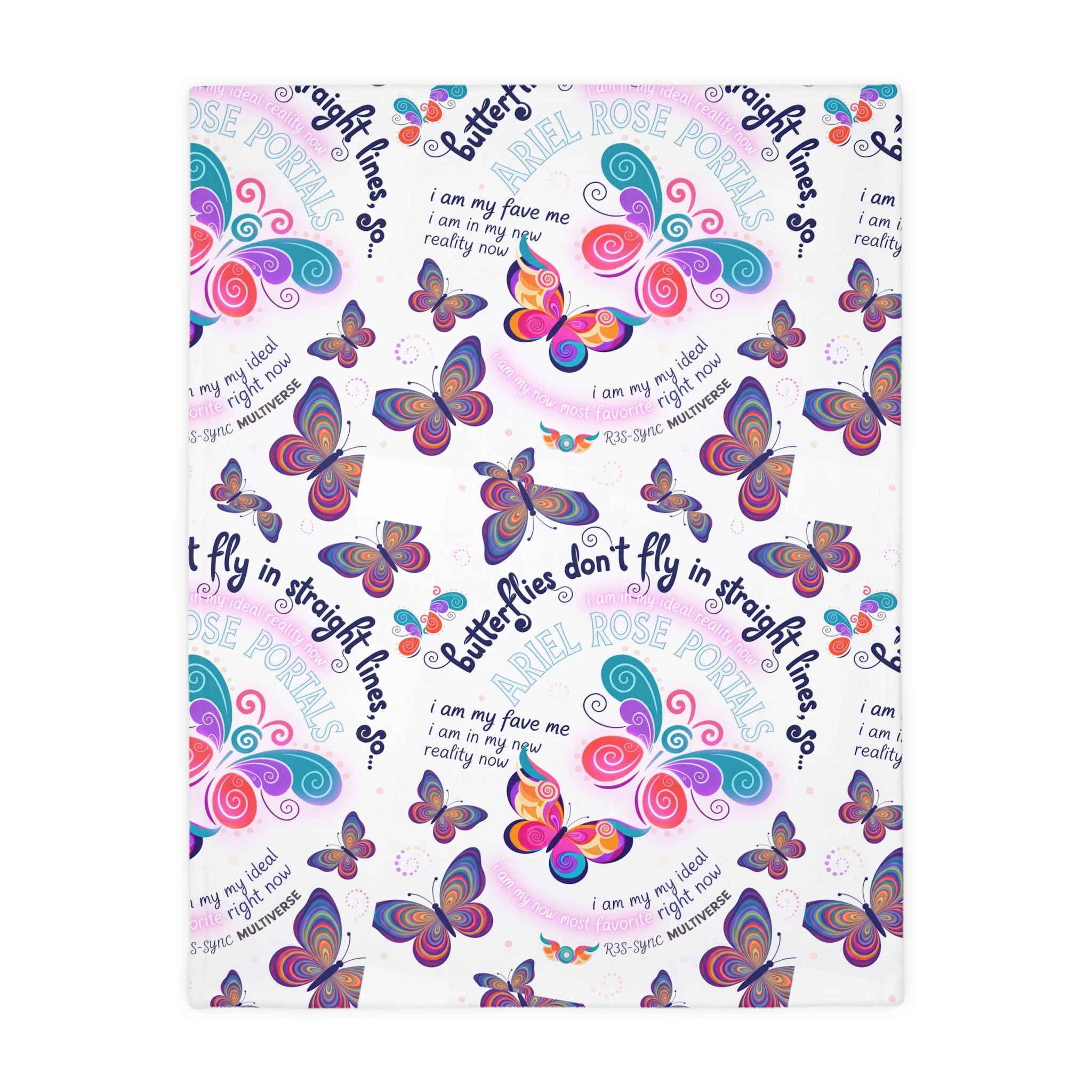 Two-Sided Velveteen R3S-Carpet Flight Path Cloak — Whimsical Butterflies & Bold Pink Collage