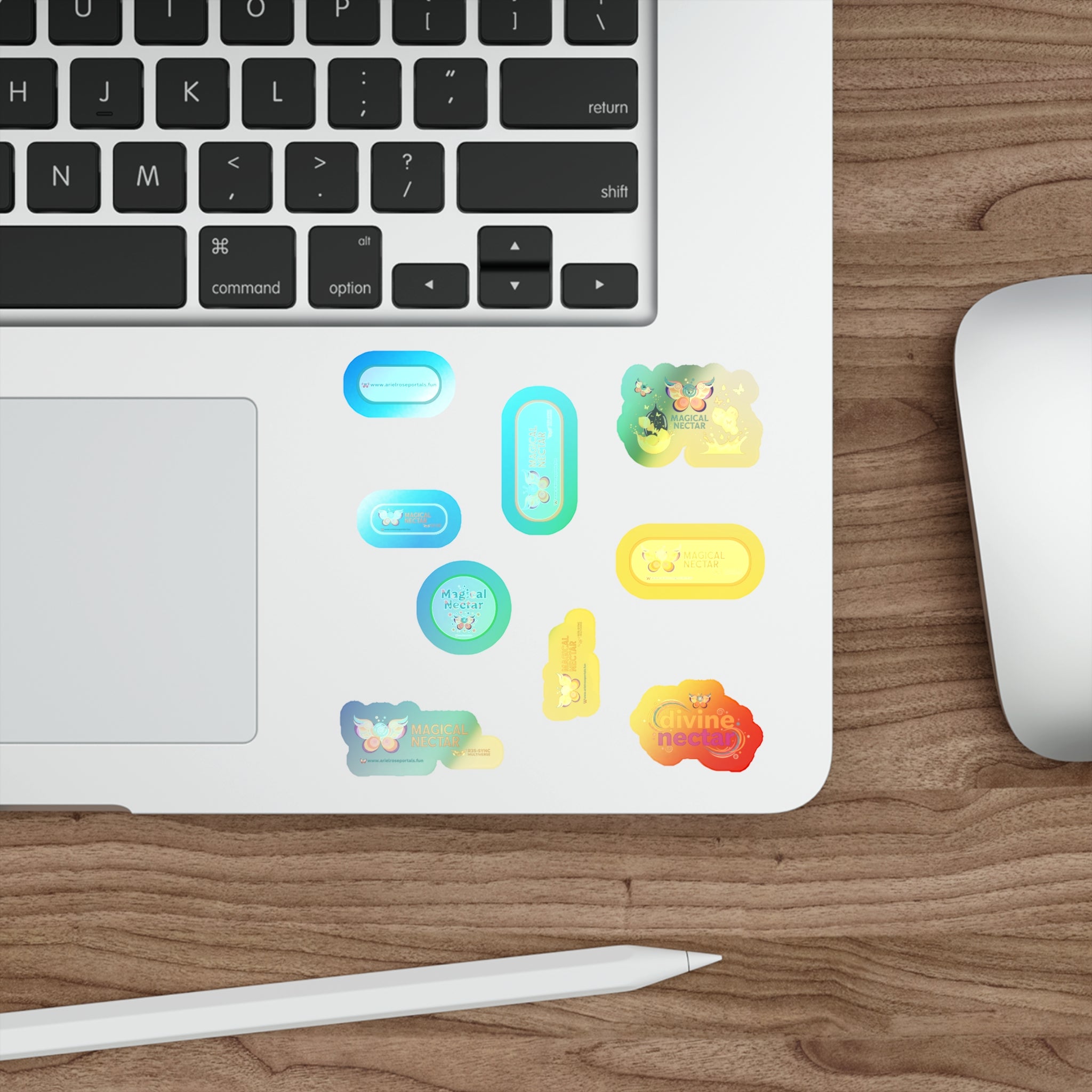 Adesivo fustellato olografico — 'Magical Divine Nectar Ariel Rose Portals' Vinile iridescente impermeabile per esterni