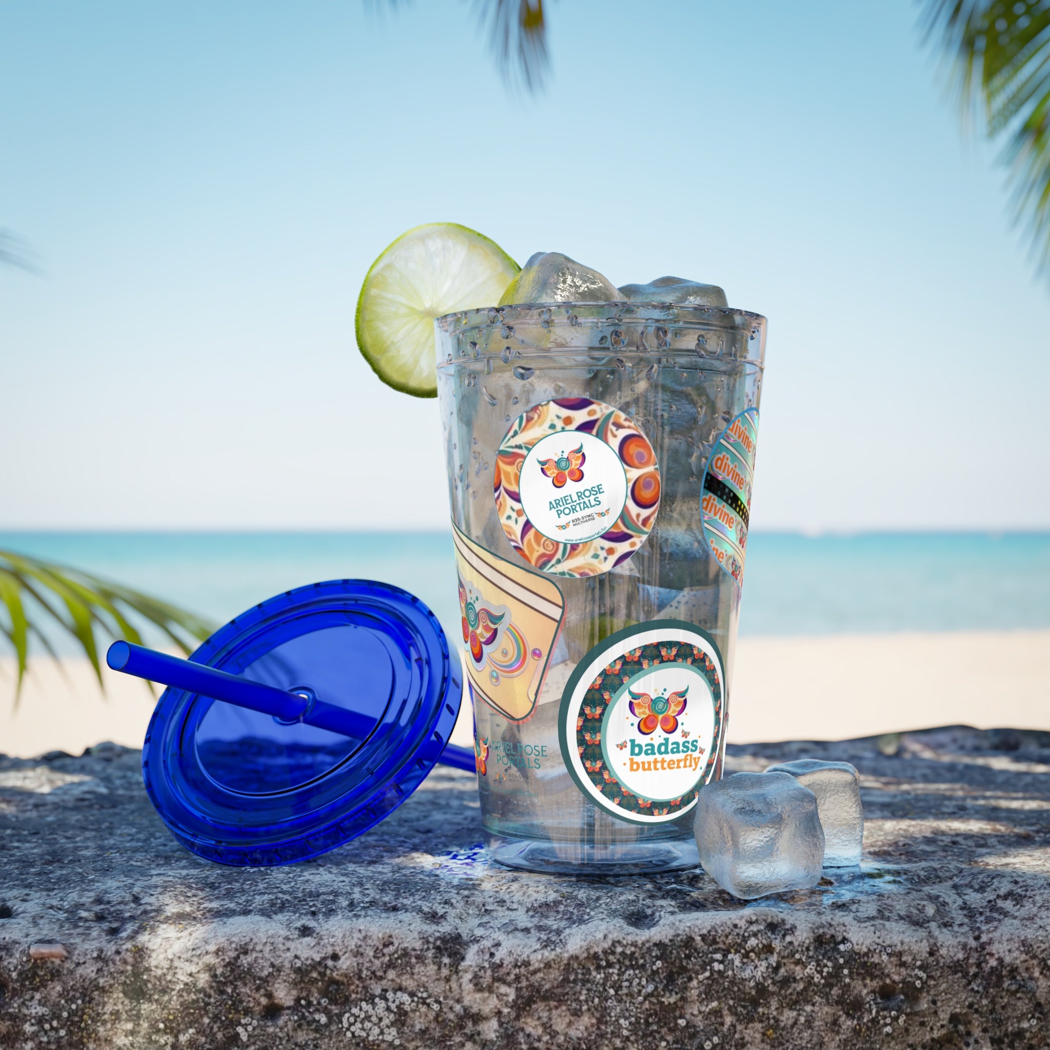 16 oz Sunsplash Tumbler with Straw — Retro Butterfly Sticker Design