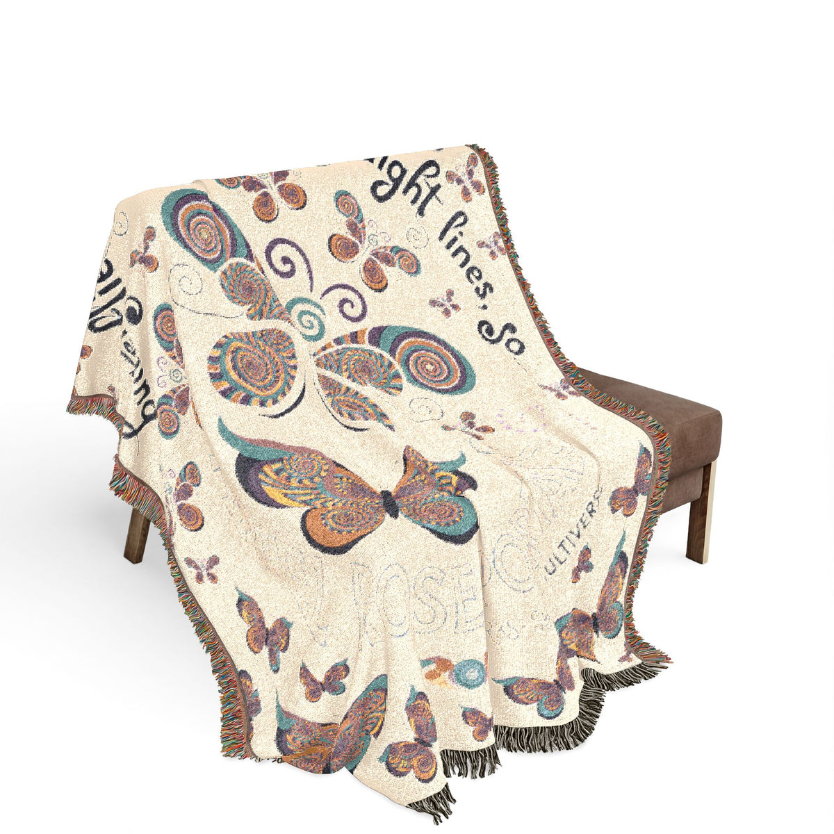 First Class Stardust Op Art Butterfly Woven Blanket — Earthtone Fringe Throw with Inspiring Script