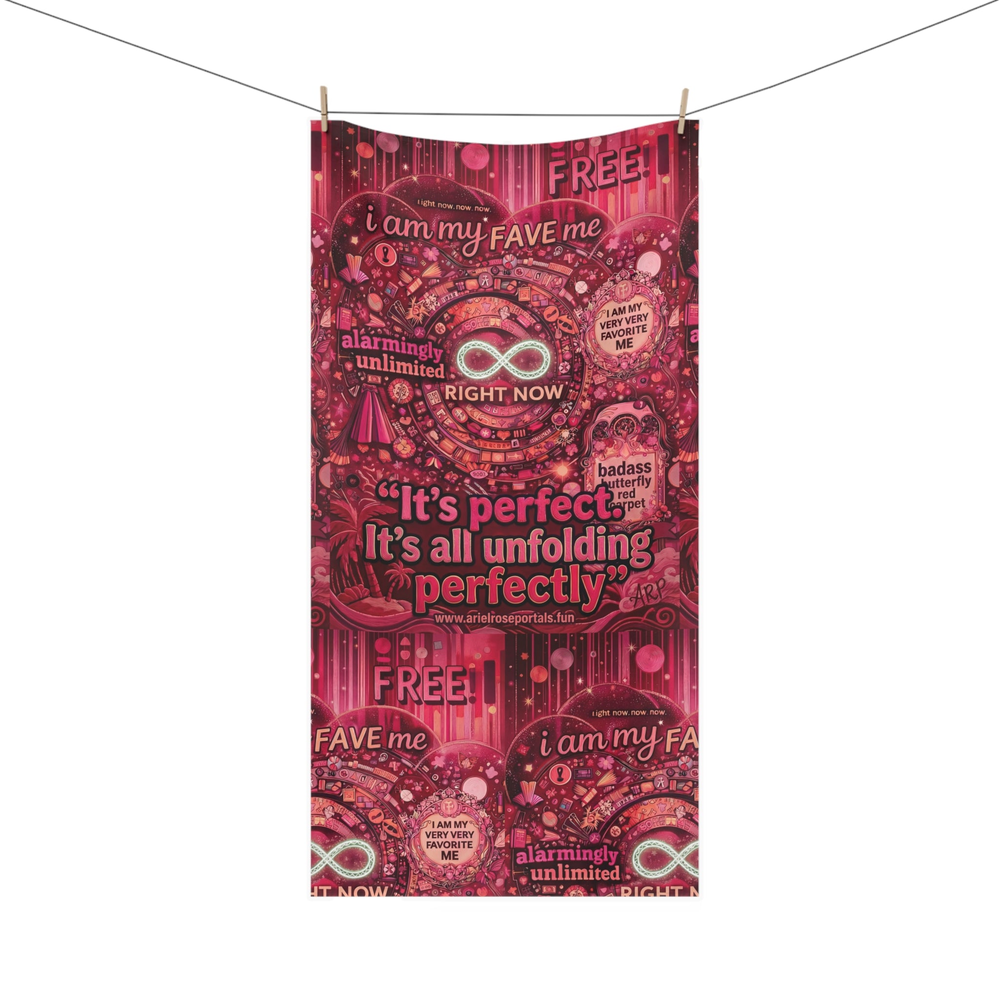 Badass Butterfly Red Carpet Beach Towel — "It's Perfect, It's All Unfolding Perfectly" Pink Self-Love Design