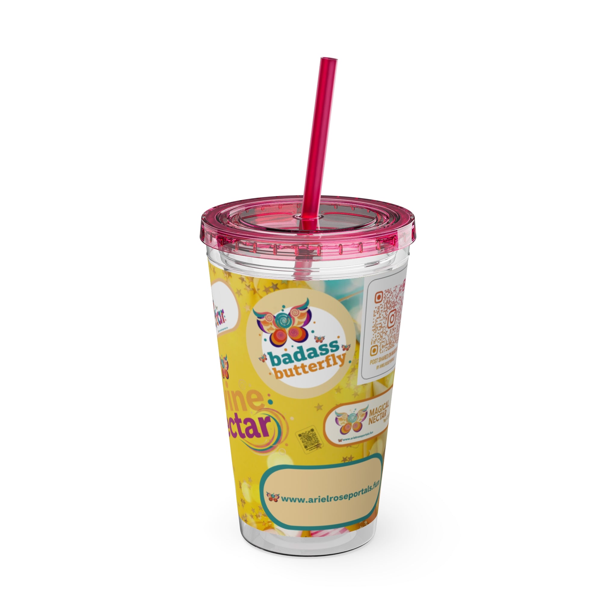 Bicchiere tumbler da 470 ml Sunsplash Ariel Rose Portals con cannuccia — Nettare magico e nettare divino, stoviglie giallo sole