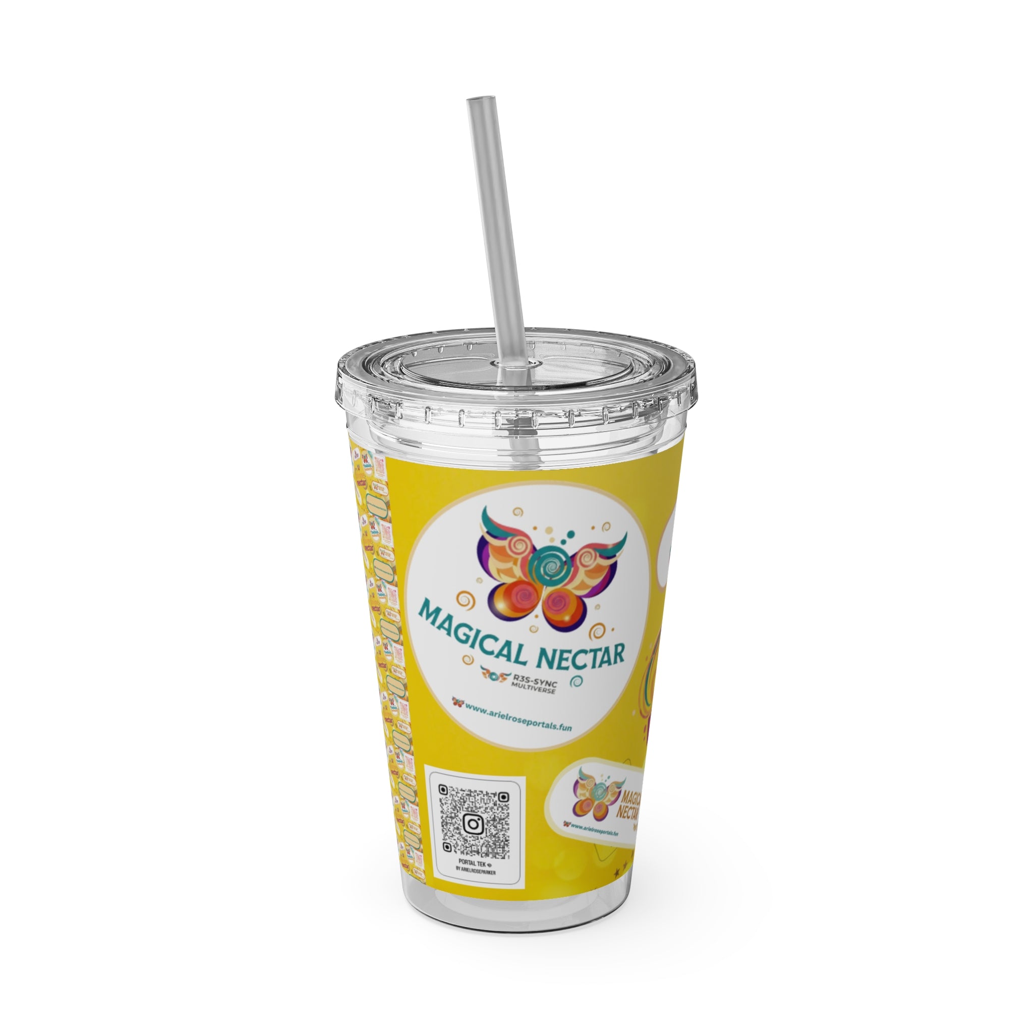 16oz Sunsplash Ariel Rose Portals Logo Tumbler with Straw — Magical Nectar & Divine Nectar Sunny Yellow Drinkware