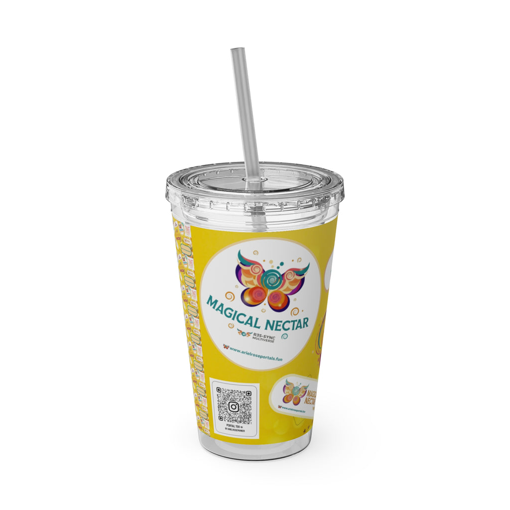 Bicchiere tumbler da 470 ml Sunsplash Ariel Rose Portals con cannuccia — Nettare magico e nettare divino, stoviglie giallo sole