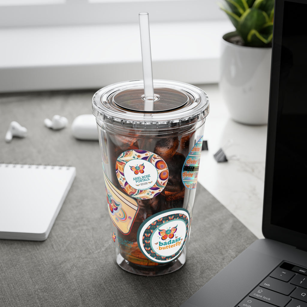 16 oz Sunsplash Tumbler with Straw — Retro Butterfly Sticker Design