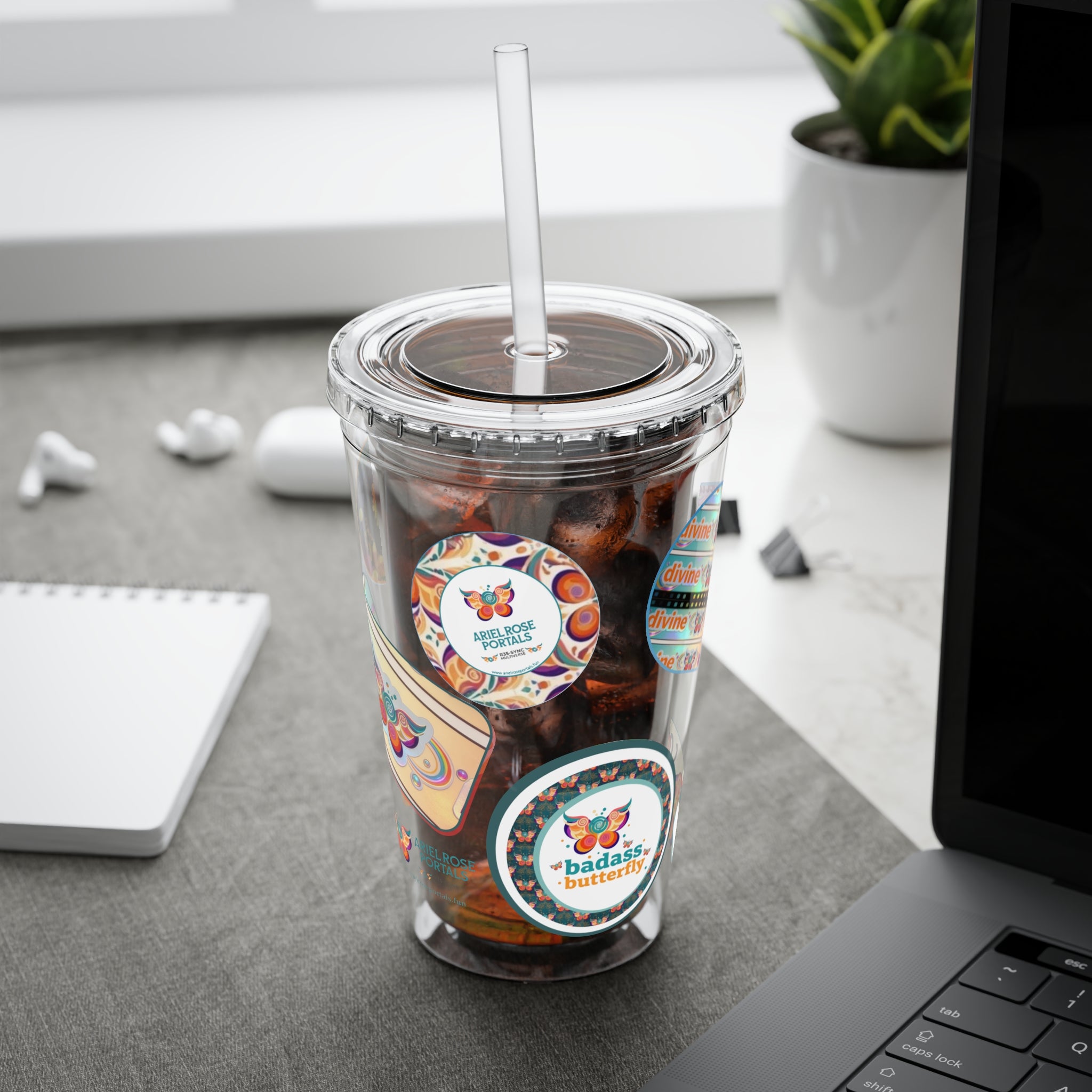 16 oz Sunsplash Tumbler with Straw — Retro Butterfly Sticker Design