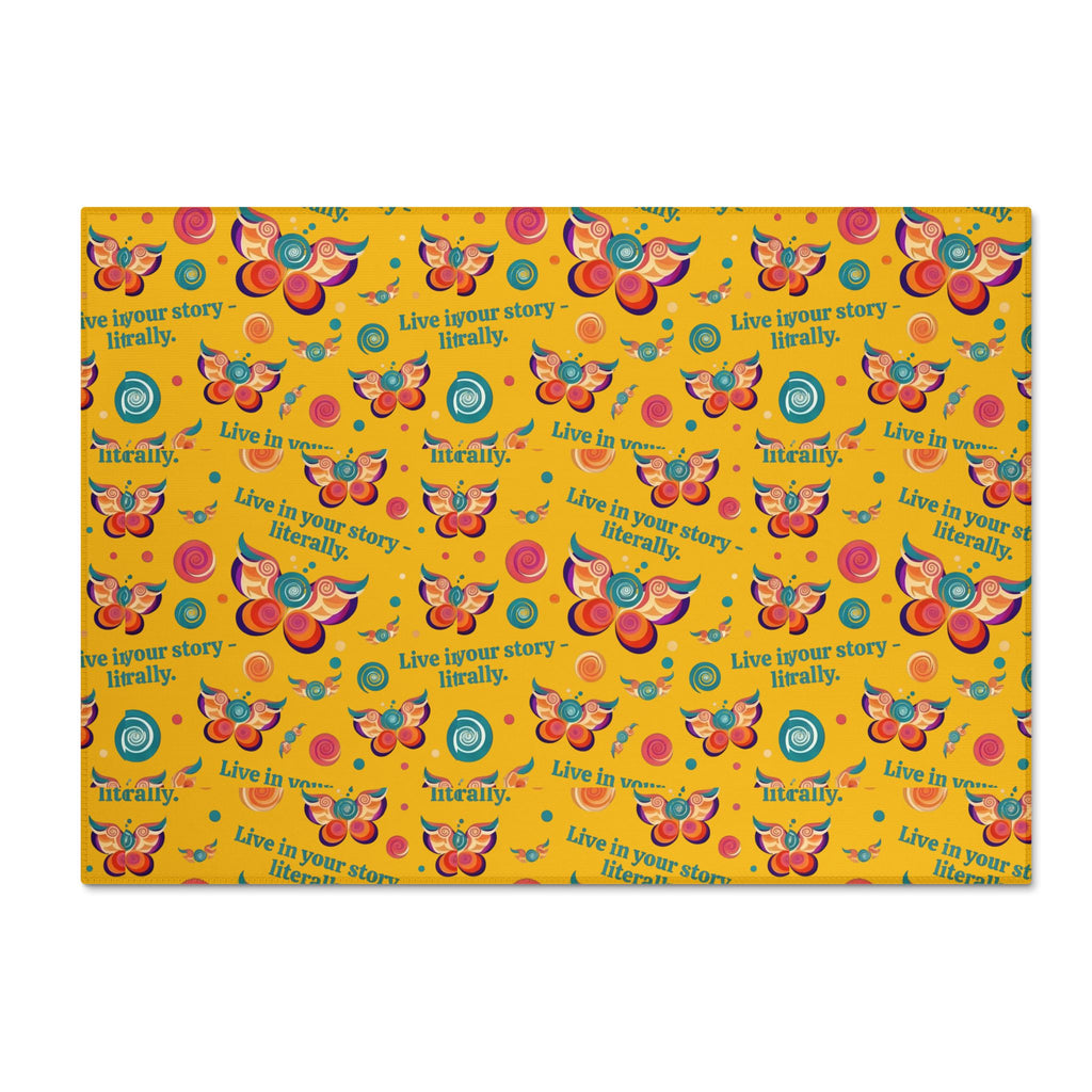 Washable Chenille Rug — Bright Retro Butterflies & "Live in your story. Literally." Accent Rug