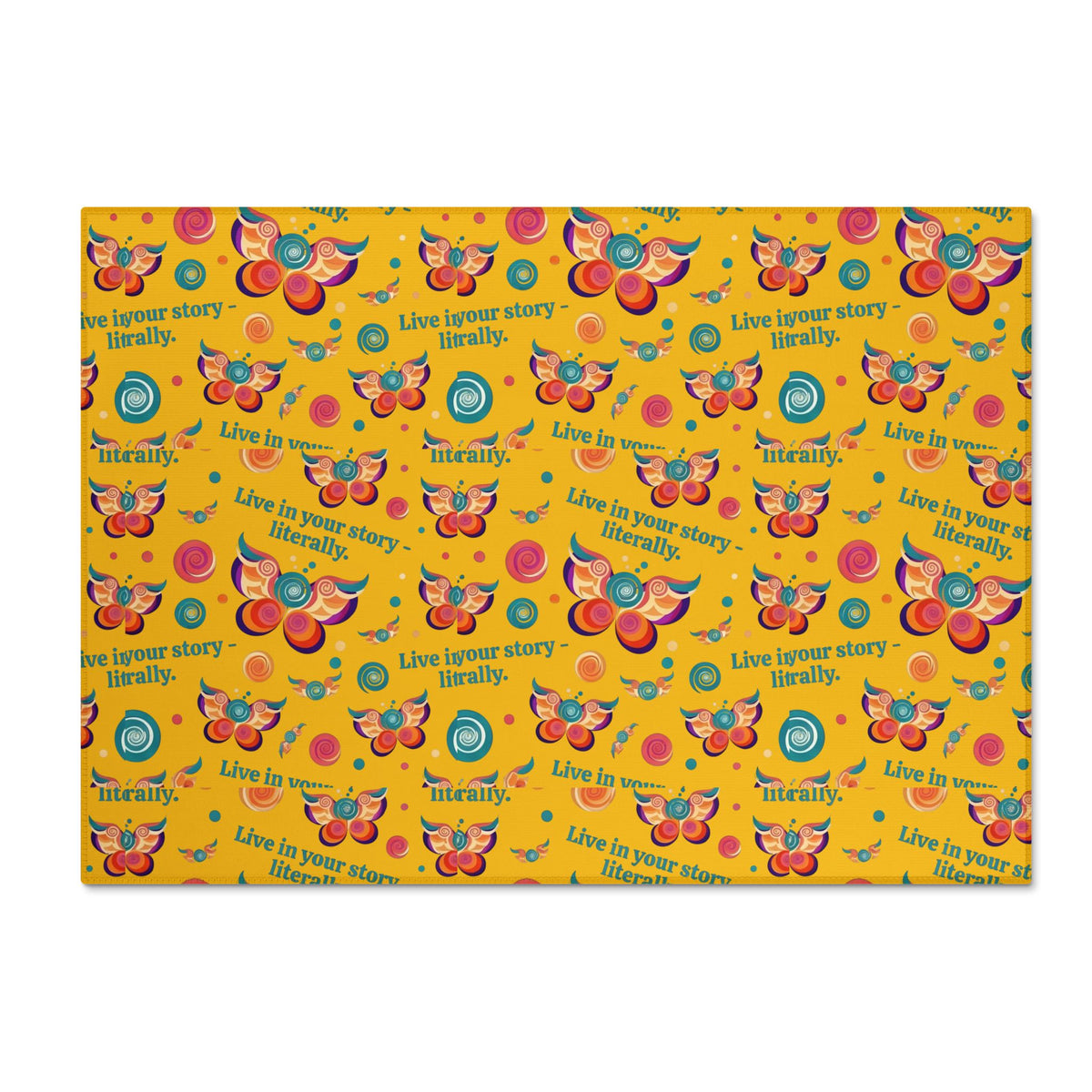 Washable Chenille Rug — Bright Retro Butterflies & "Live in your story. Literally." Accent Rug