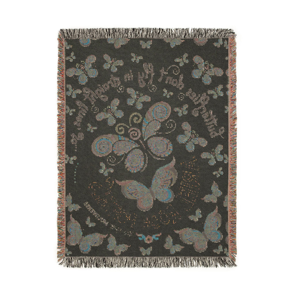 First Class Stardust Op Art Butterfly Woven Blanket — Earthtone Fringe Throw with Inspiring Script