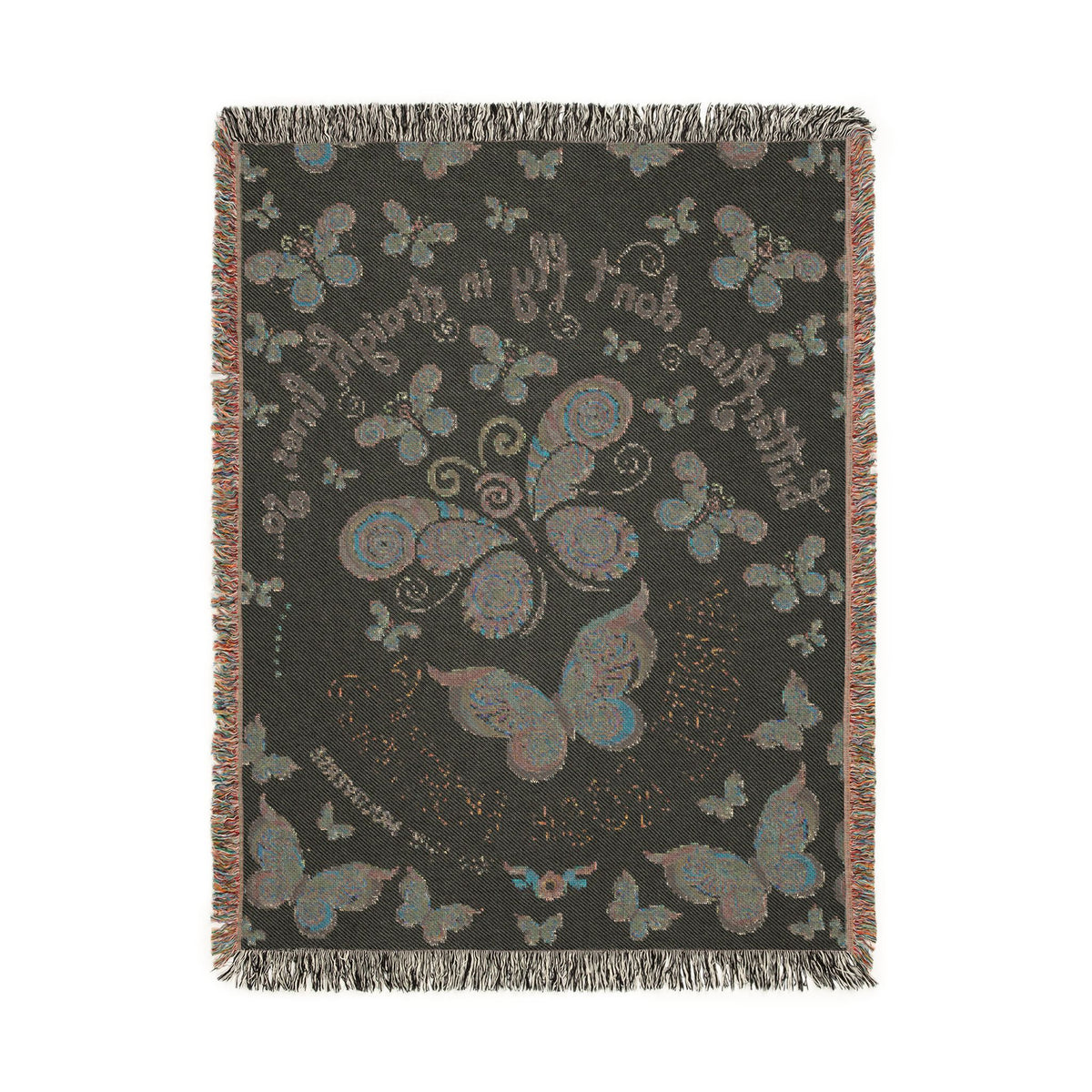 First Class Stardust Op Art Butterfly Woven Blanket — Earthtone Fringe Throw with Inspiring Script