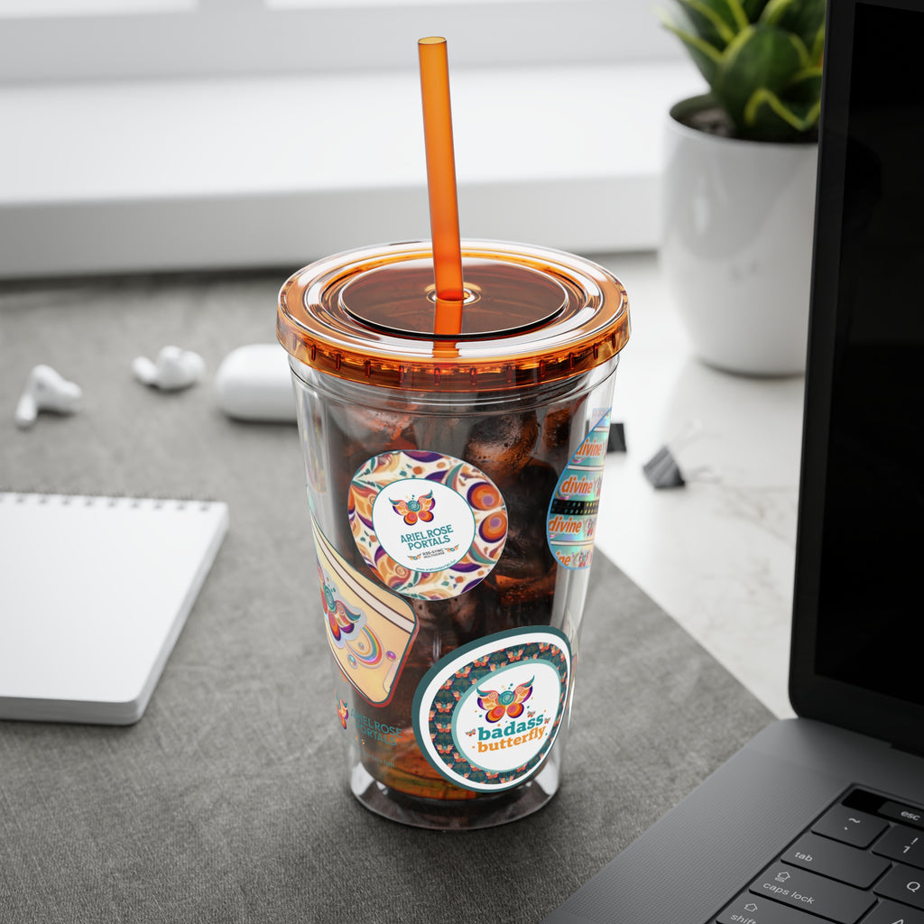 16 oz Sunsplash Tumbler with Straw — Retro Butterfly Sticker Design