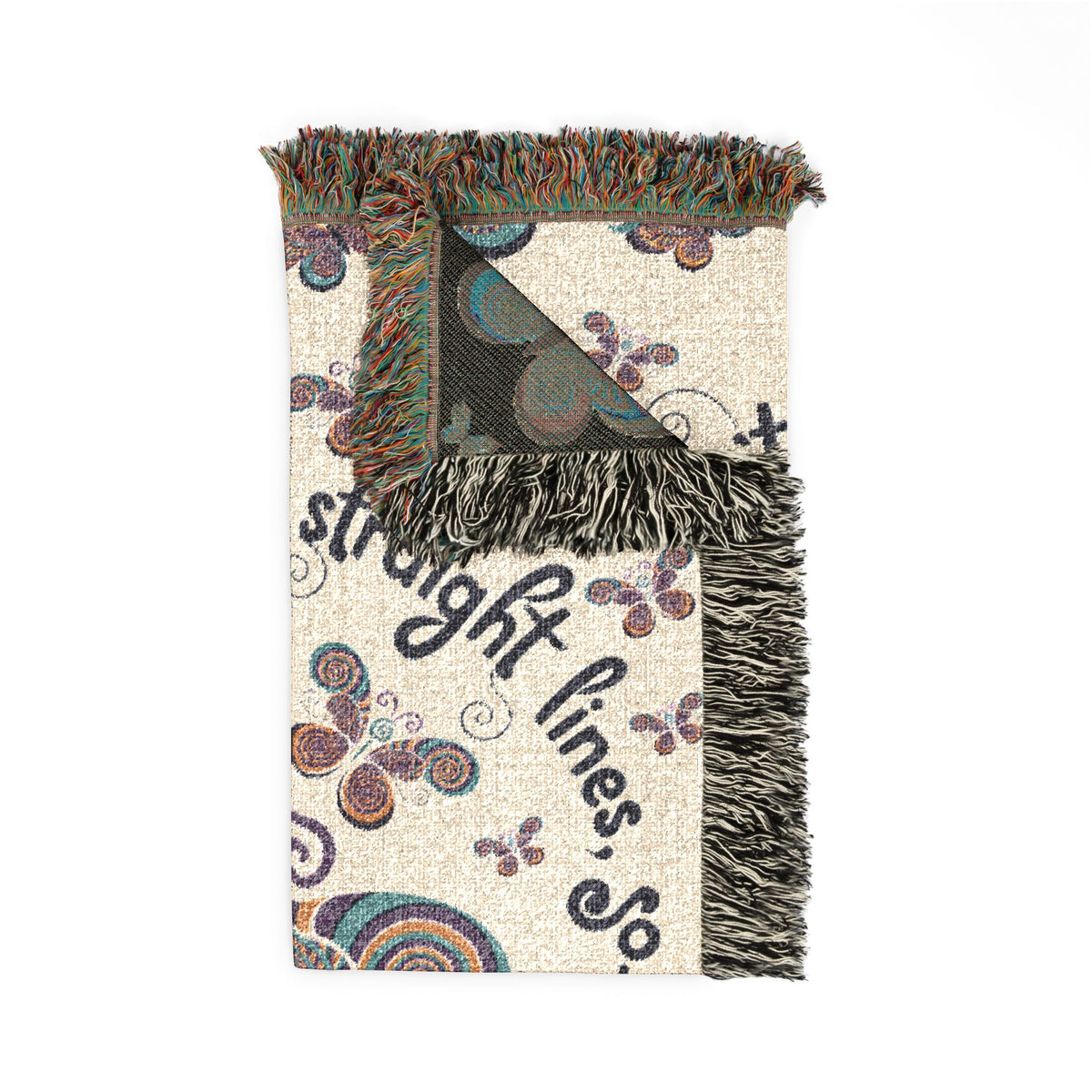 First Class Stardust Op Art Butterfly Woven Blanket — Earthtone Fringe Throw with Inspiring Script