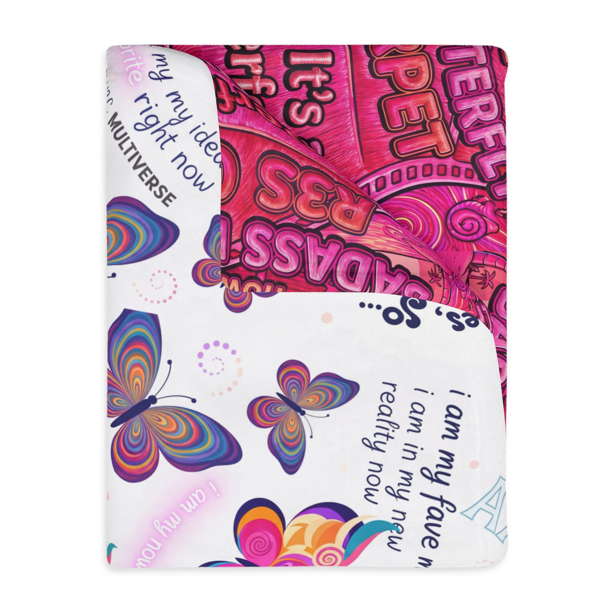 Two-Sided Velveteen R3S-Carpet Flight Path Cloak — Whimsical Butterflies & Bold Pink Collage
