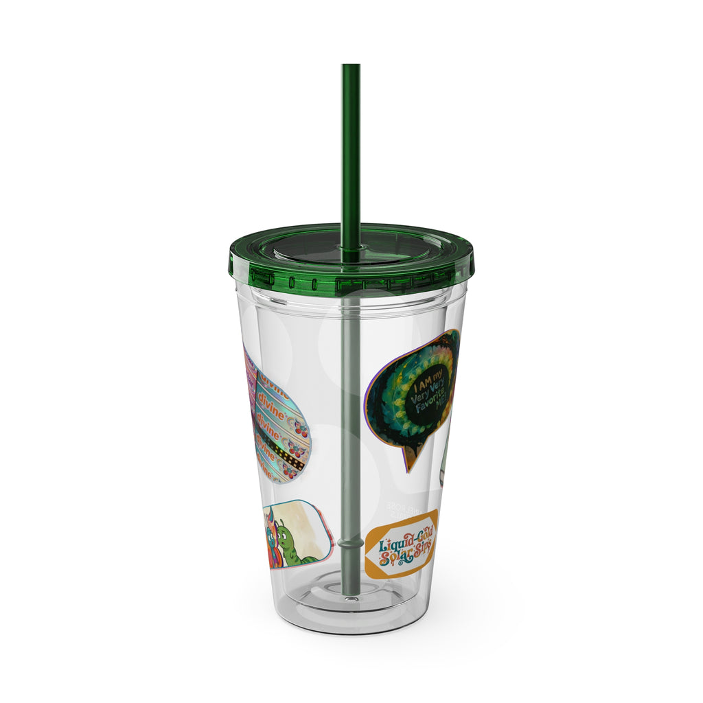 16 oz Sunsplash Tumbler with Straw — Retro Butterfly Sticker Design