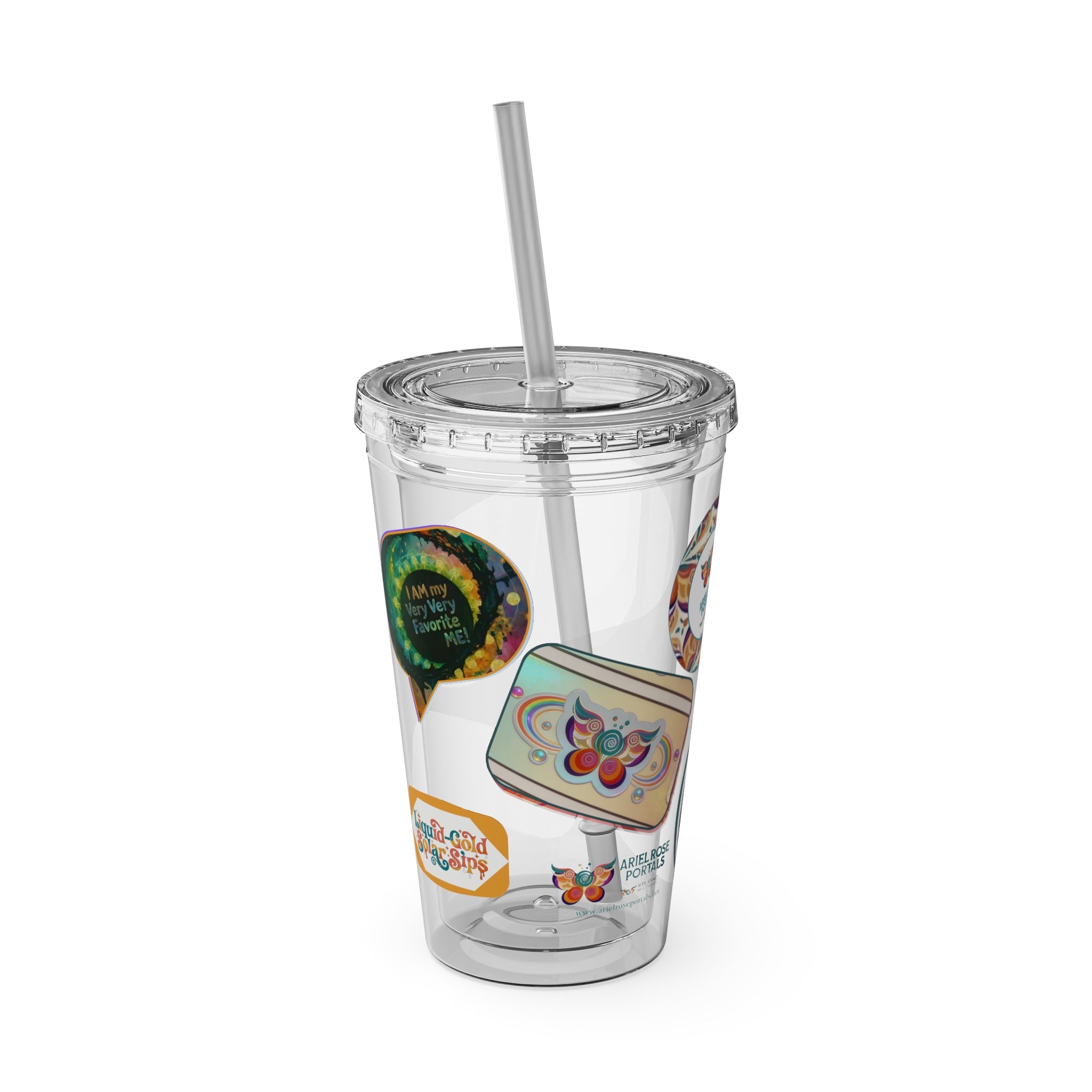 16oz Sunsplash Tumbler with Straw — Retro Butterfly Sticker Design
