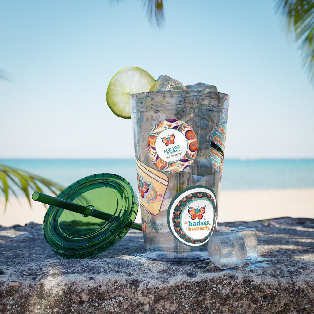 16 oz Sunsplash Tumbler with Straw — Retro Butterfly Sticker Design
