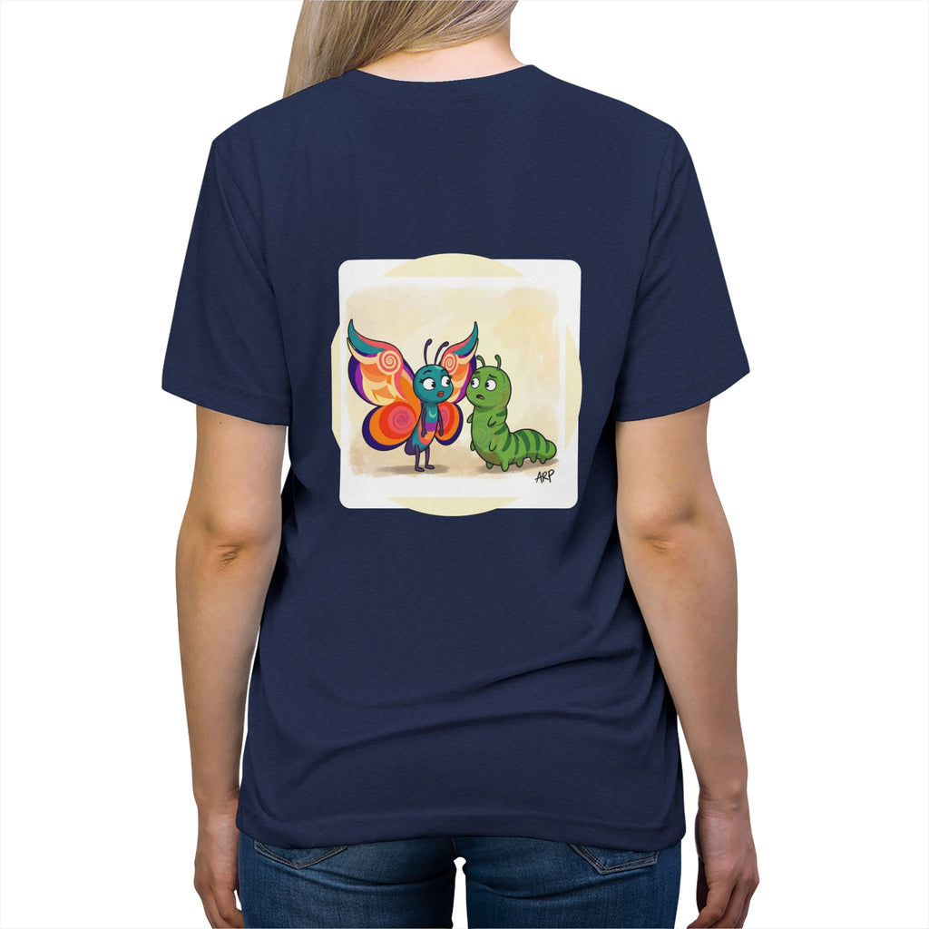 Colorful Butterfly and Caterpillar T-Shirt | whimsical Ariel Rose Parker art, 'Alarmingly Unlimited' text