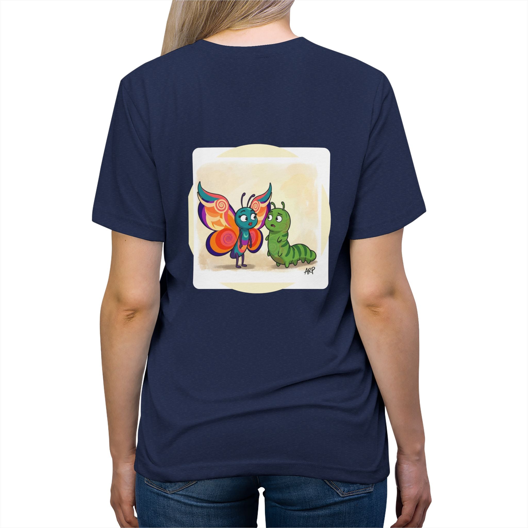 Colorful Butterfly and Caterpillar T-Shirt | whimsical Ariel Rose Parker art, 'Alarmingly Unlimited' text