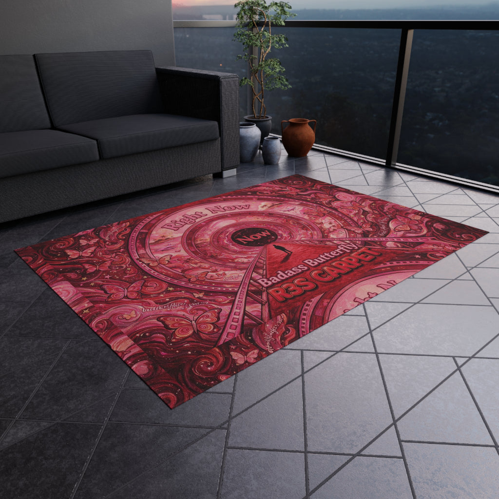 Badass Butterfly 'Right Now' R3S-Carpet Outdoor Rug — Red Boho Decorative Patio Mat