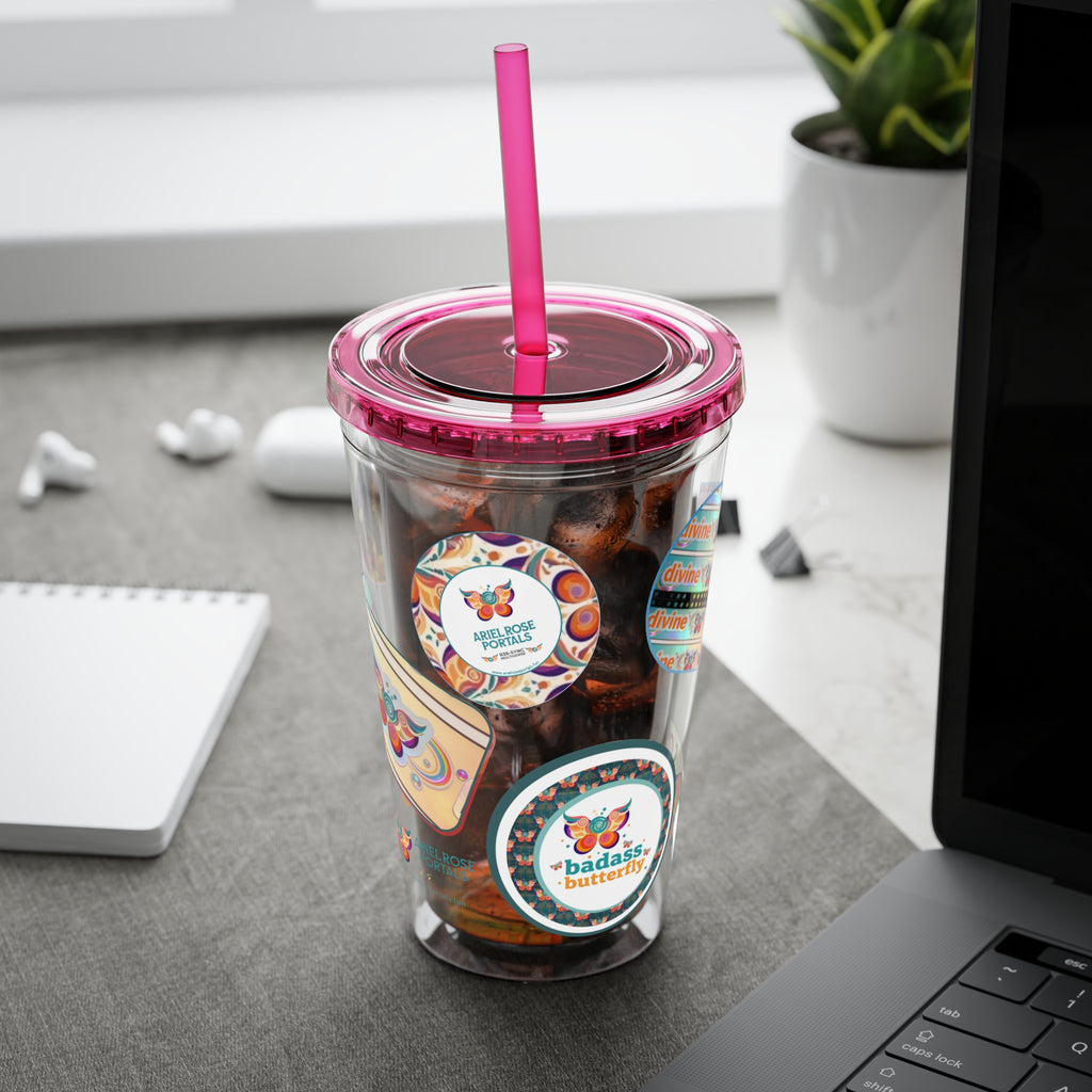 16 oz Sunsplash Tumbler with Straw — Retro Butterfly Sticker Design