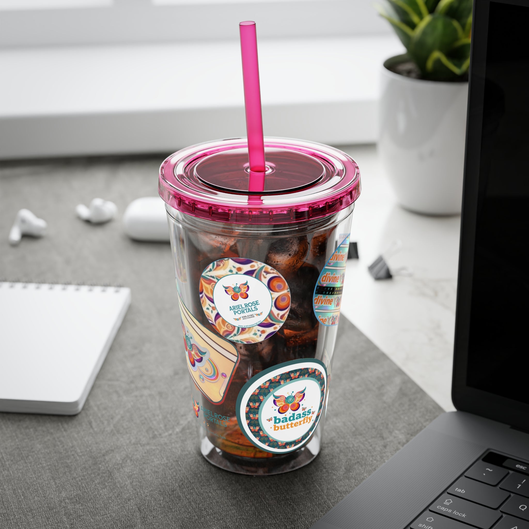 16 oz Sunsplash Tumbler with Straw — Retro Butterfly Sticker Design