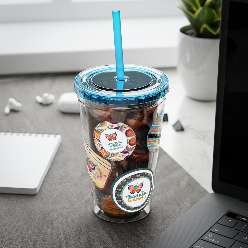 16 oz Sunsplash Tumbler with Straw — Retro Butterfly Sticker Design