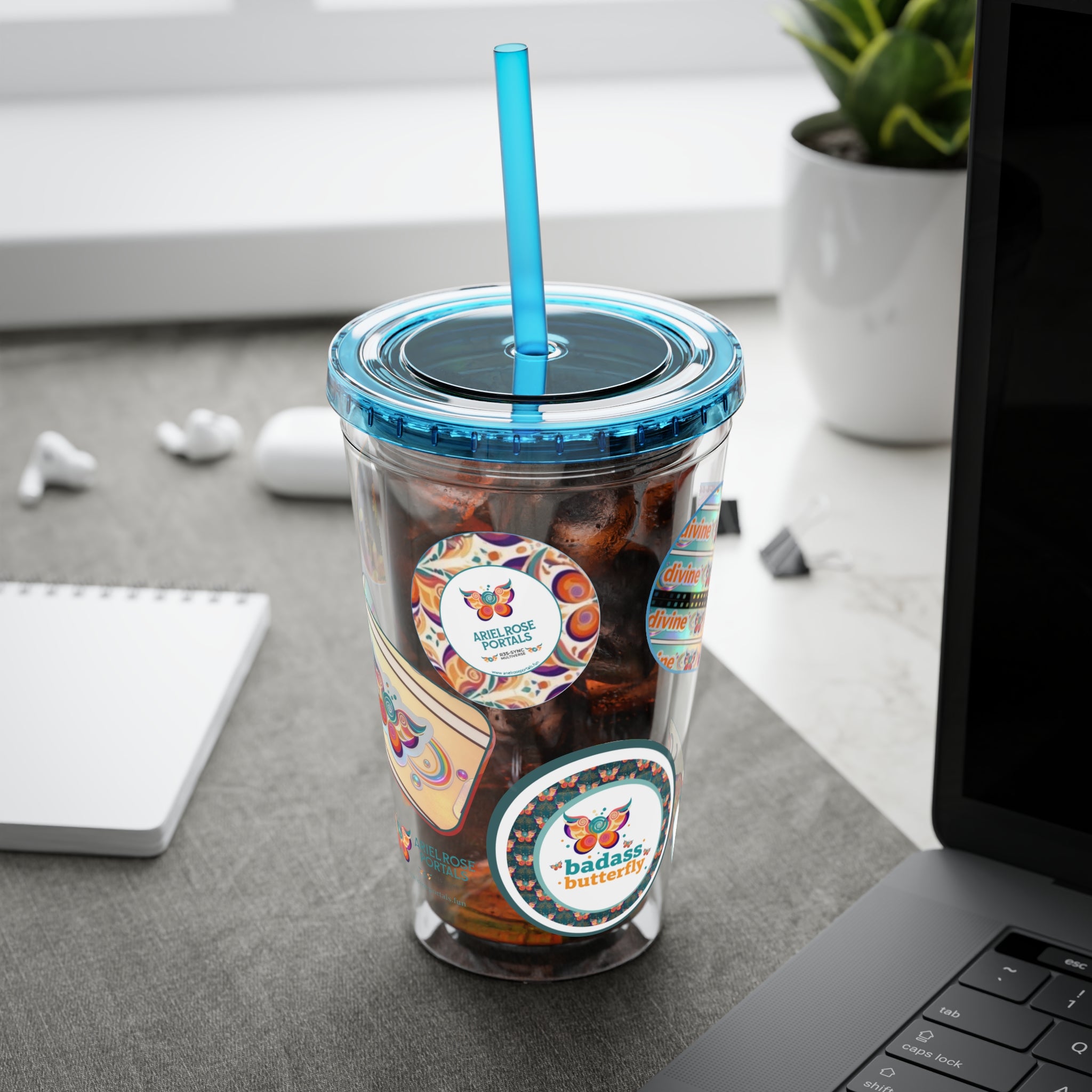 16 oz Sunsplash Tumbler with Straw — Retro Butterfly Sticker Design