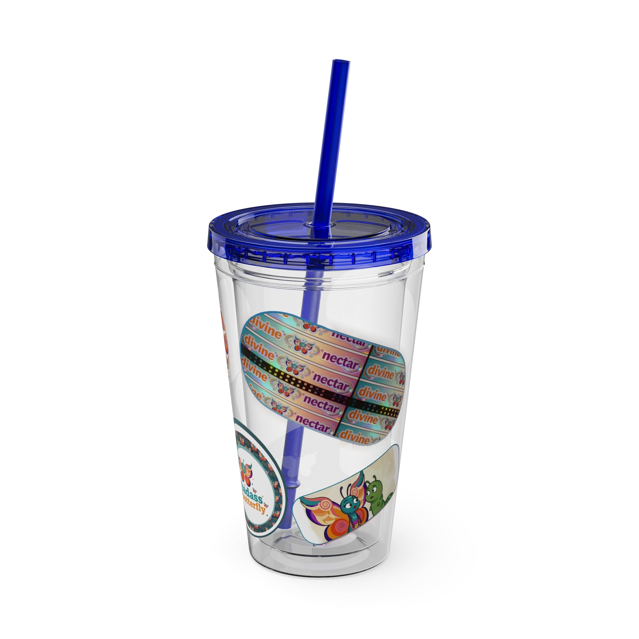 16 oz Sunsplash Tumbler with Straw — Retro Butterfly Sticker Design