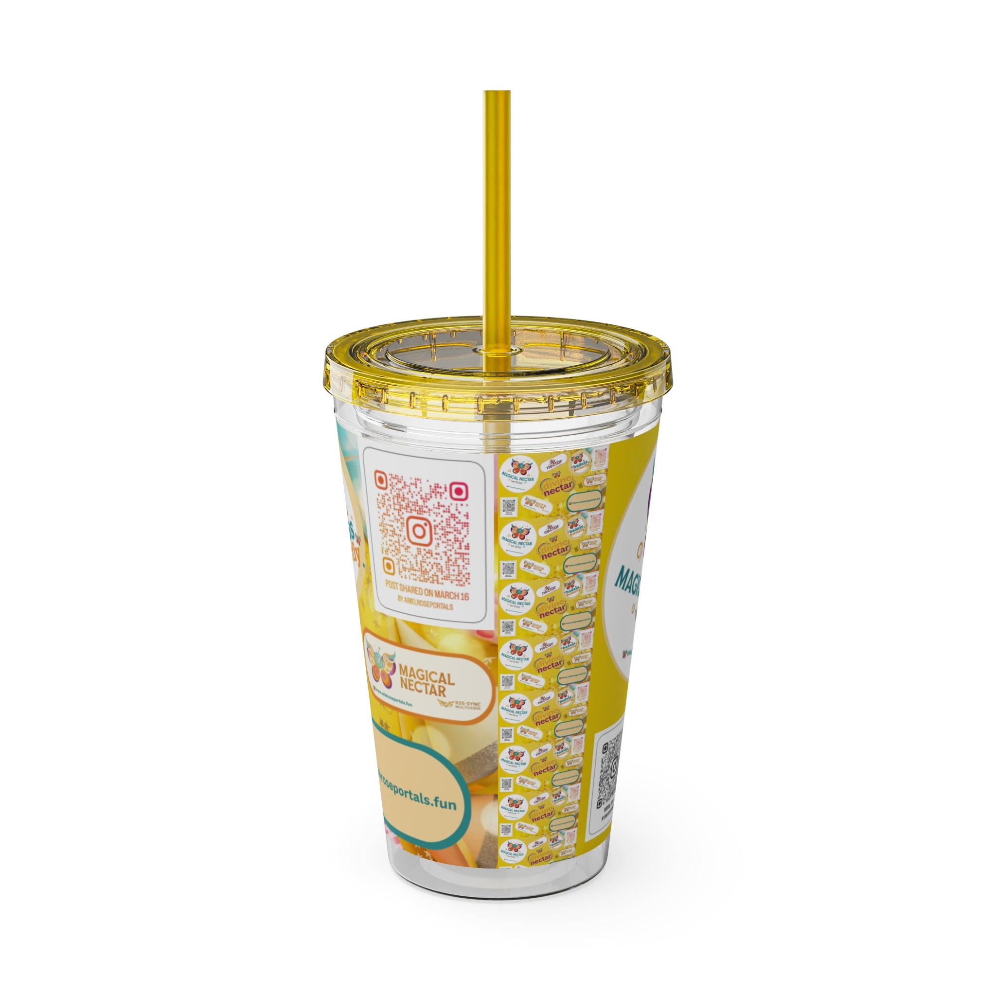 Bicchiere tumbler da 470 ml Sunsplash Ariel Rose Portals con cannuccia — Nettare magico e nettare divino, stoviglie giallo sole