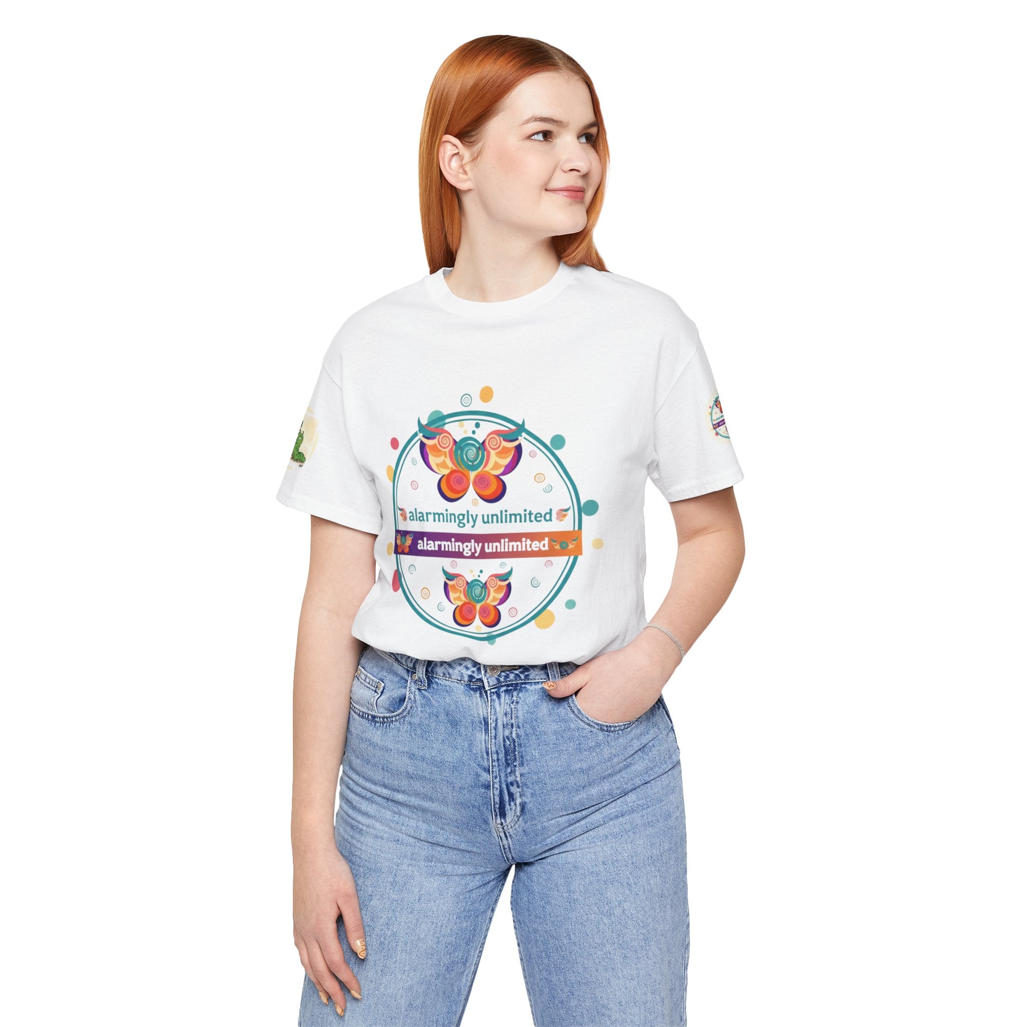 Butterfly & Caterpillar Tee — "alarmingly unlimited" Colorful Graphic T-Shirt