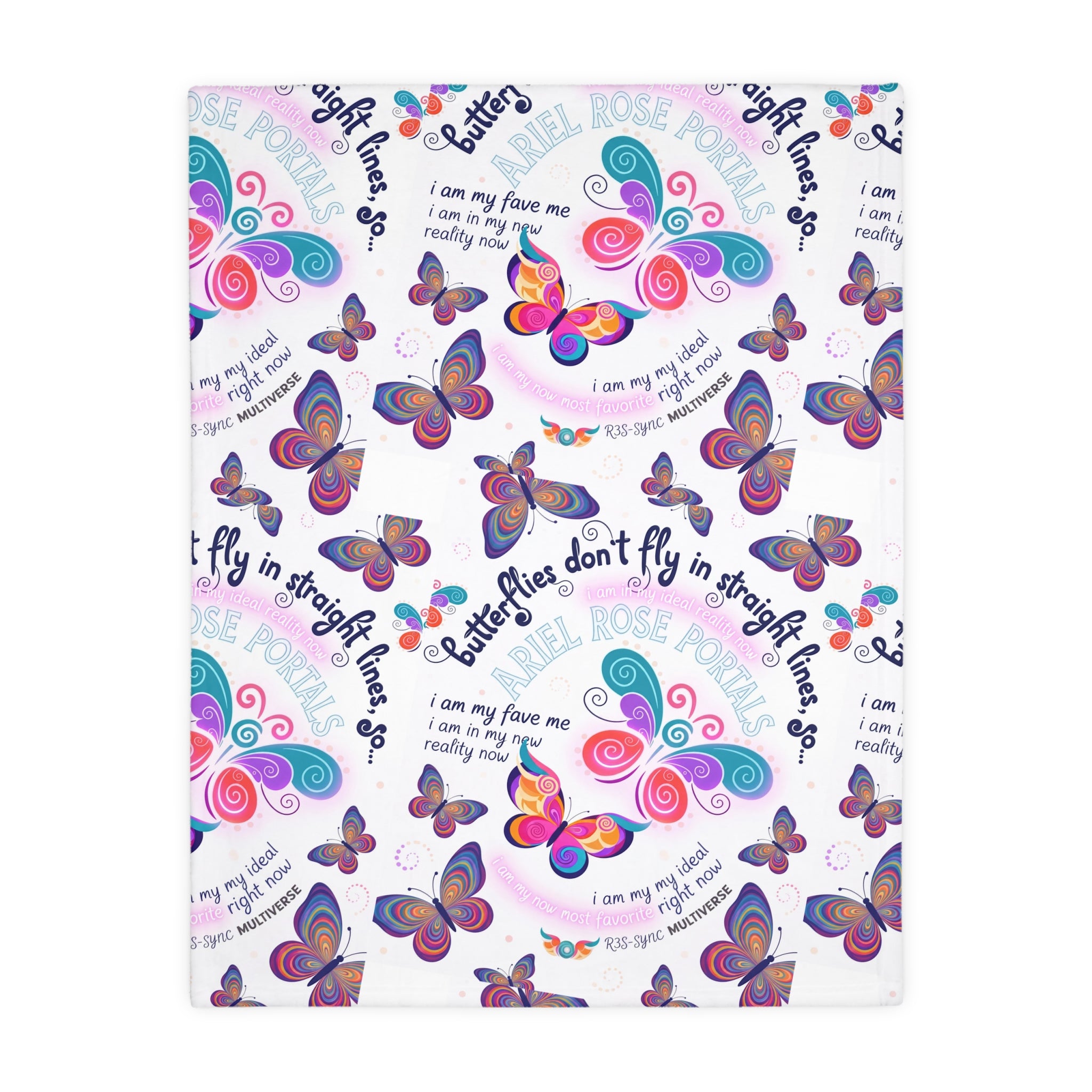 Two-Sided Velveteen R3S-Carpet Flight Path Cloak — Whimsical Butterflies & Bold Pink Collage