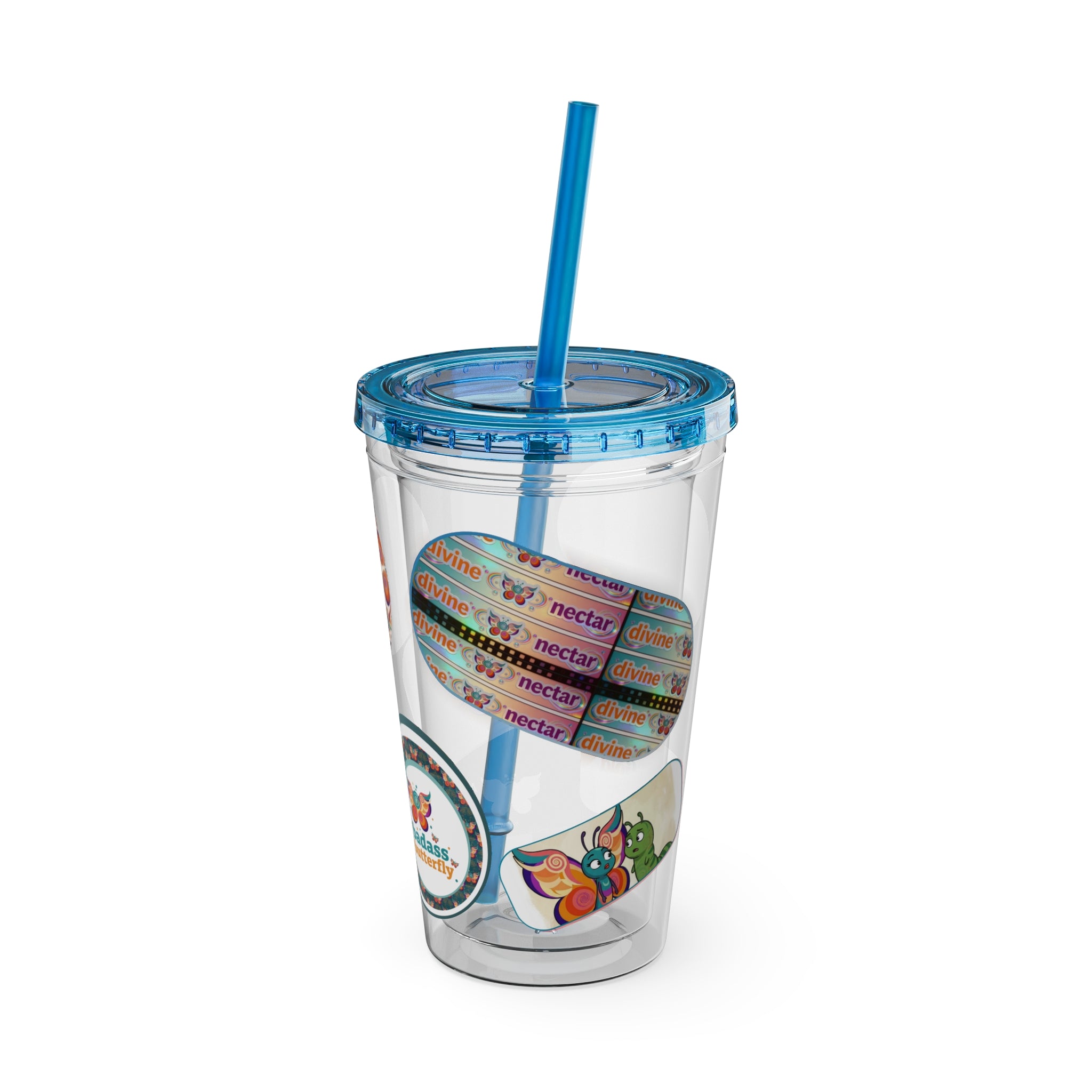 16 oz Sunsplash Tumbler with Straw — Retro Butterfly Sticker Design