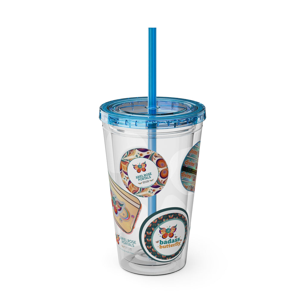 16 oz Sunsplash Tumbler with Straw — Retro Butterfly Sticker Design