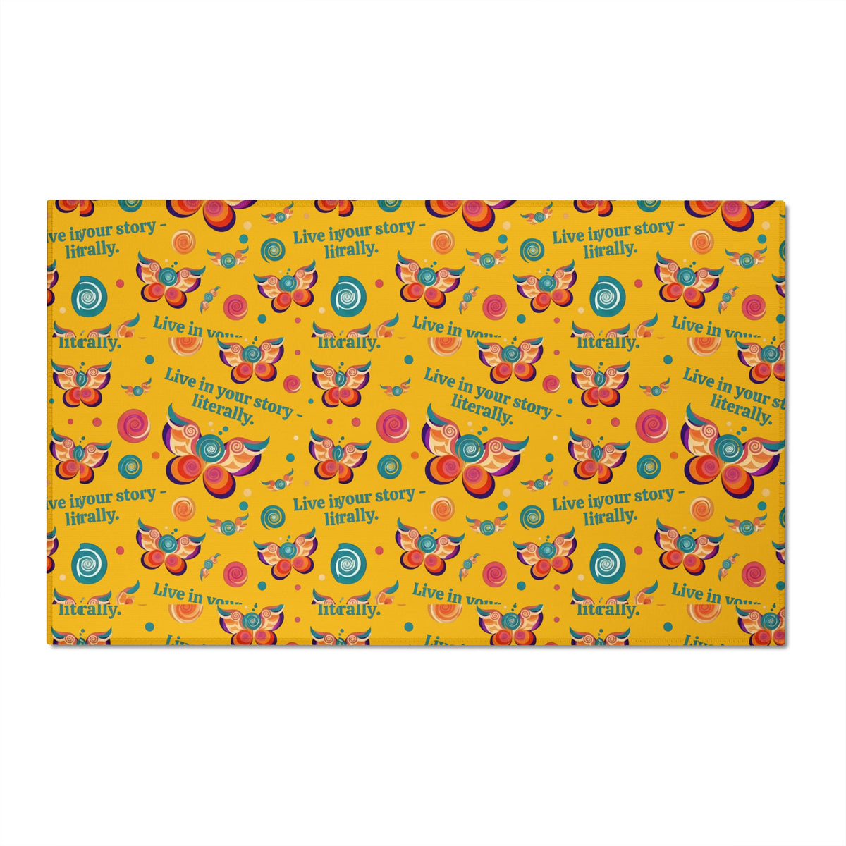 Washable Chenille Rug — Bright Retro Butterflies & "Live in your story. Literally." Accent Rug