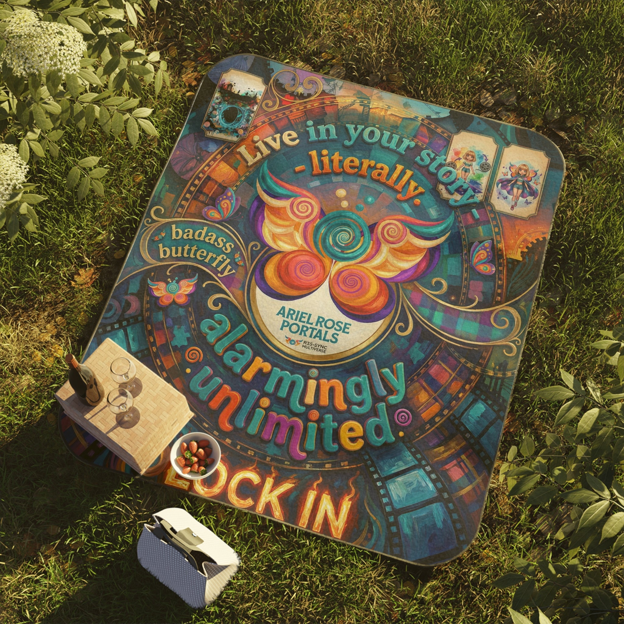 Picnic Blanket — "Live in Your Story, Literally" Colorful Butterfly Outdoor Portal Blanket
