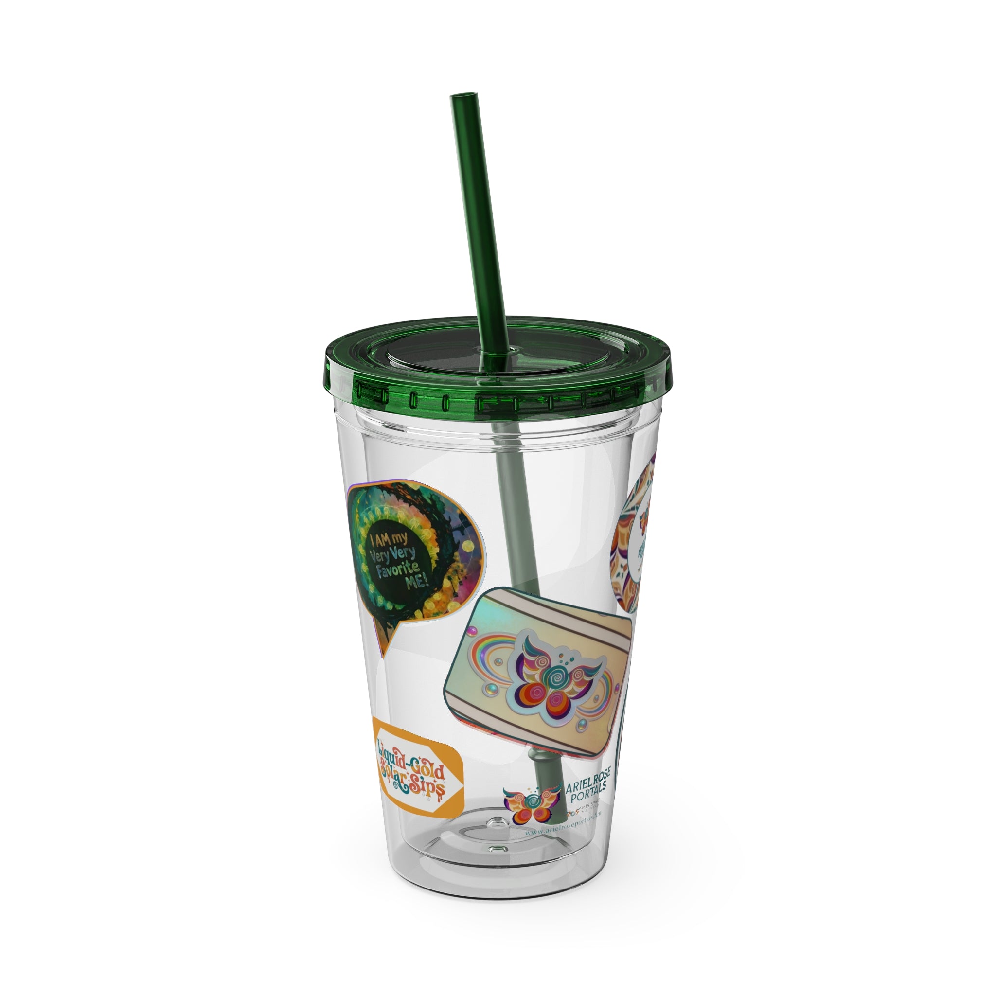 16 oz Sunsplash Tumbler with Straw — Retro Butterfly Sticker Design