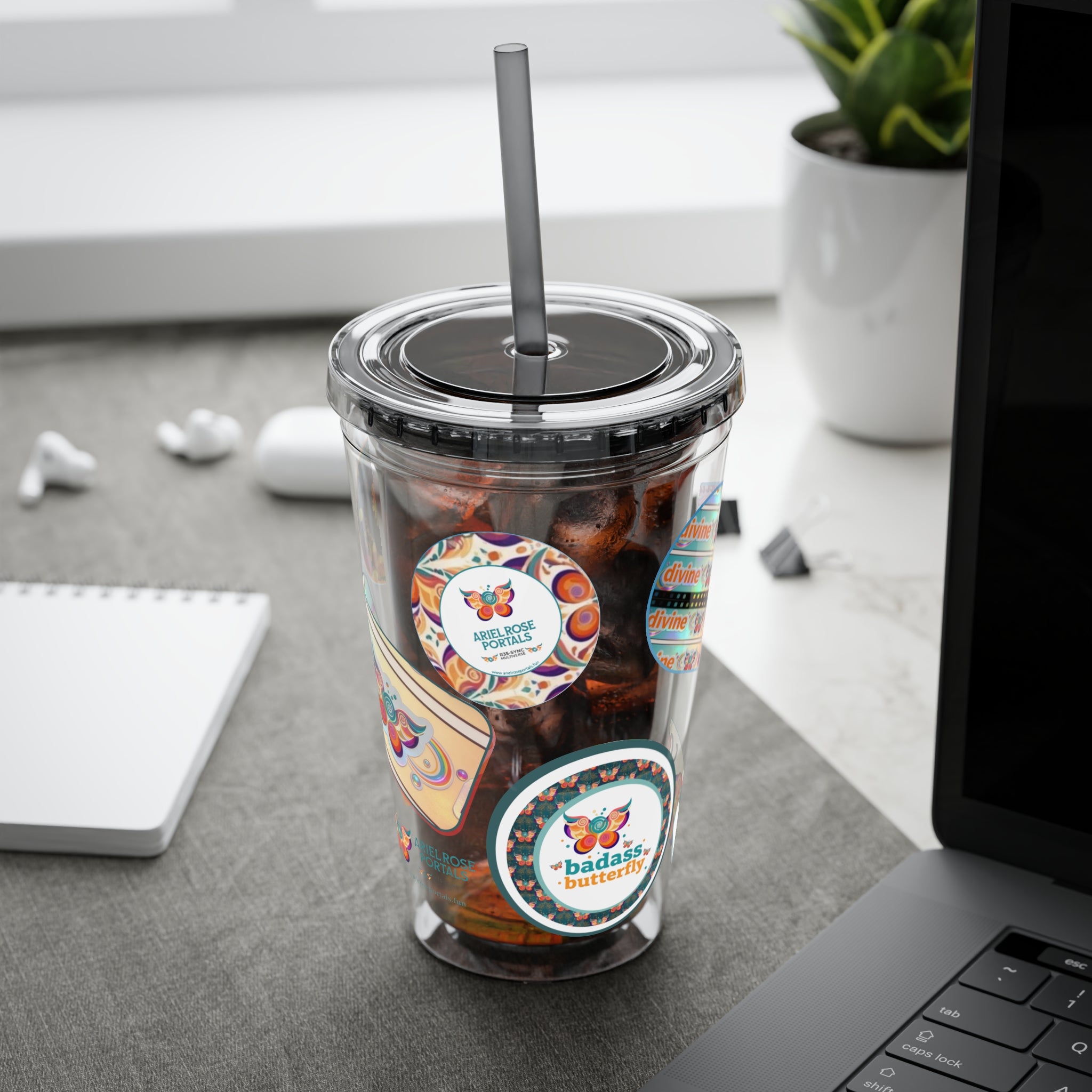 16 oz Sunsplash Tumbler with Straw — Retro Butterfly Sticker Design