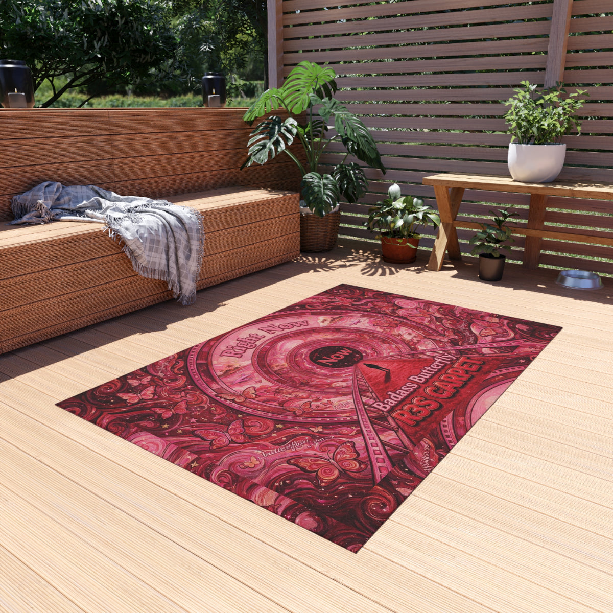 Badass Butterfly 'Right Now' R3S-Carpet Outdoor Rug — Red Boho Decorative Patio Mat