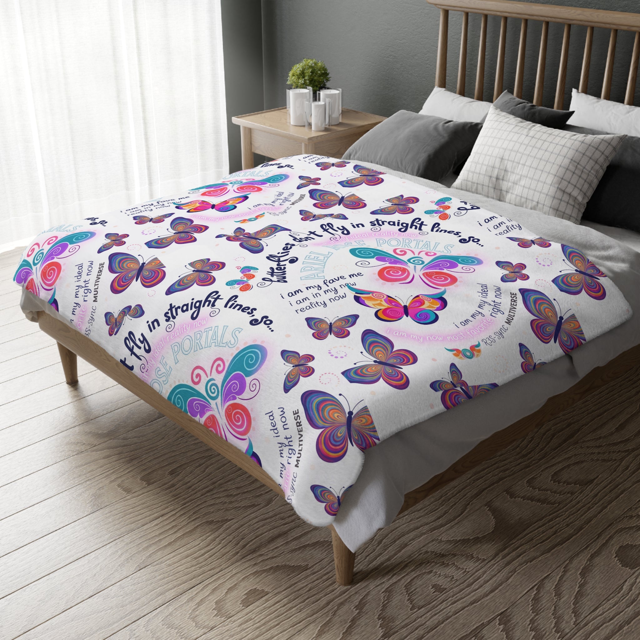 Two-Sided Velveteen R3S-Carpet Flight Path Cloak — Whimsical Butterflies & Bold Pink Collage