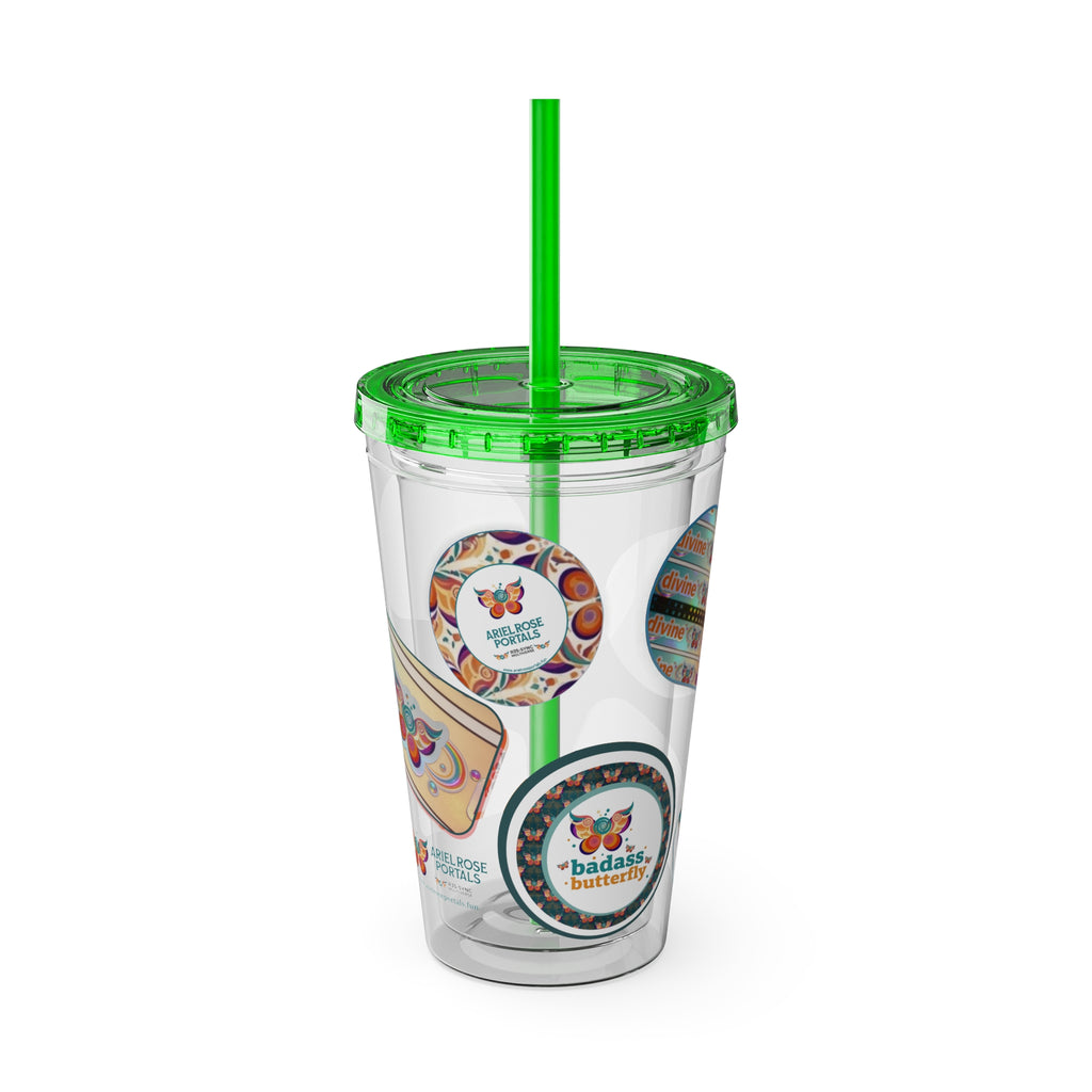 16 oz Sunsplash Tumbler with Straw — Retro Butterfly Sticker Design